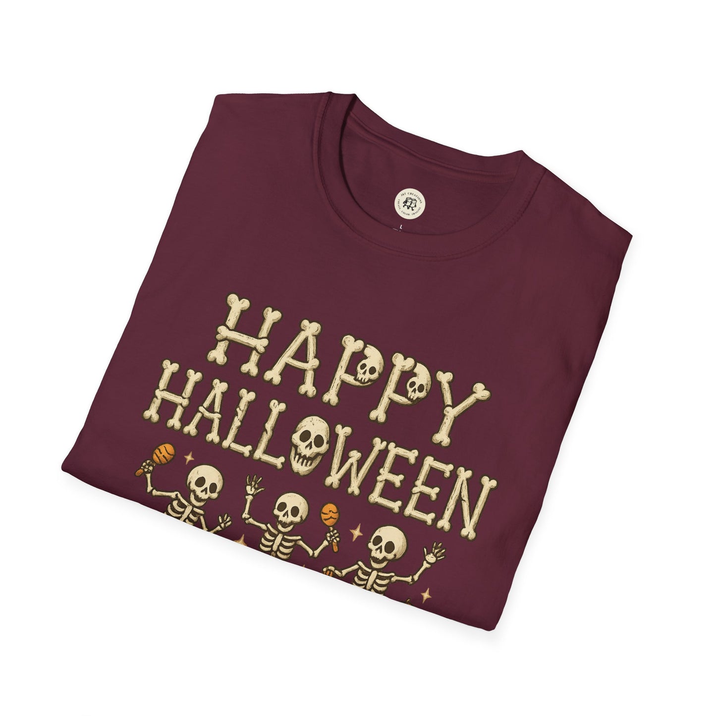 Maroon Halloween skeleton shirt with happy Halloween text and dancing skeletons design