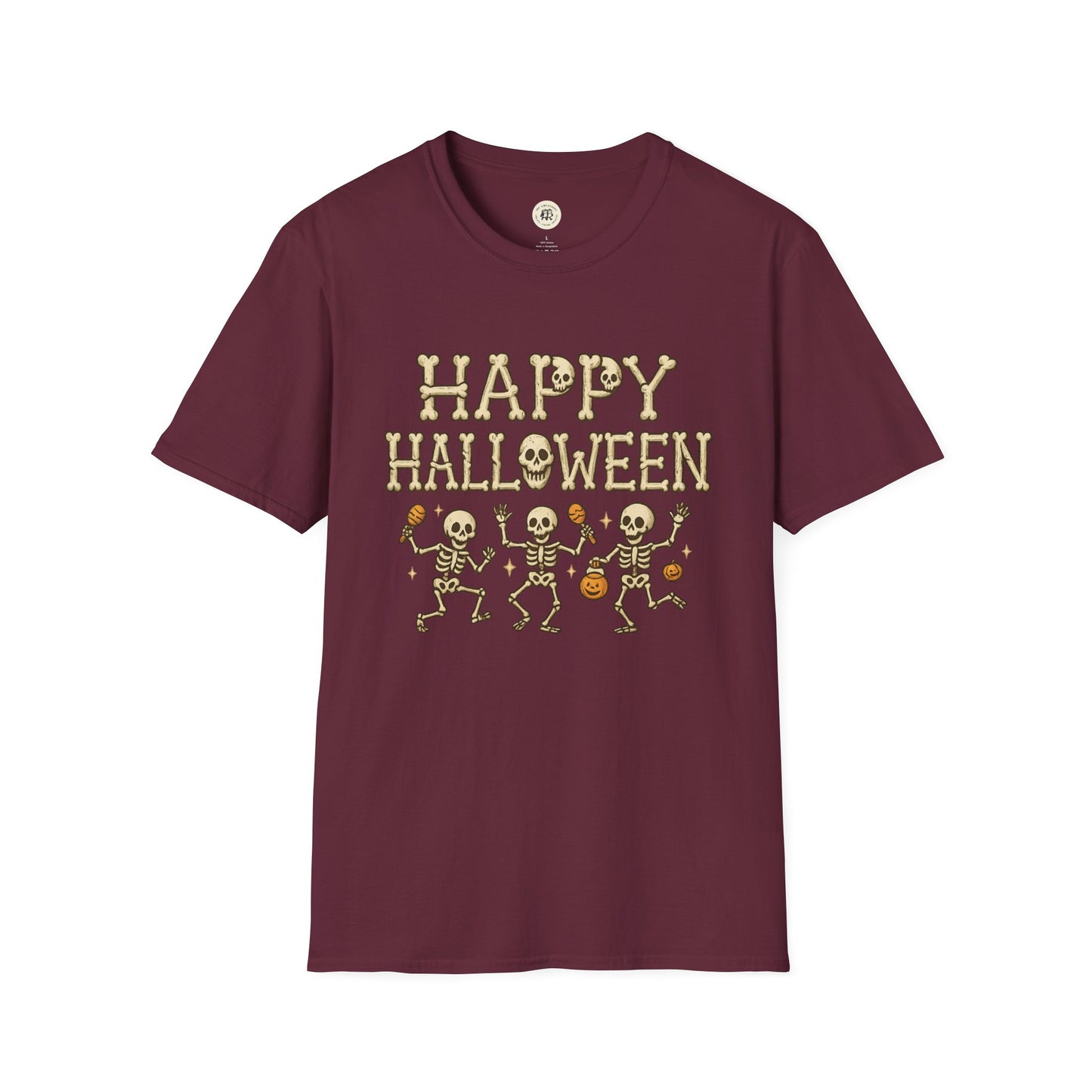 Maroon Halloween skeleton shirt with dancing skeletons and Happy Halloween text print
