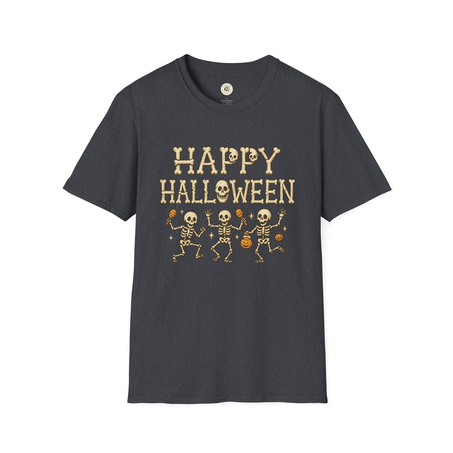 Printify black Halloween skeleton shirt with dancing skeletons and Happy Halloween text