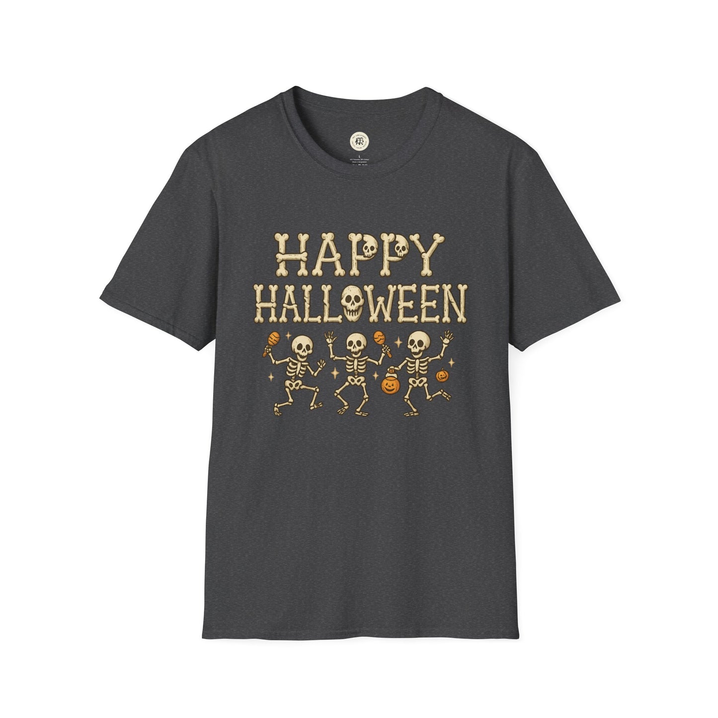 Printify Halloween skeleton shirt with Happy Halloween text and dancing skeletons on dark gray tee
