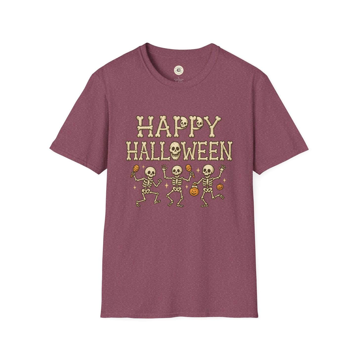 Printify Halloween skeleton shirt with dancing skeletons and Happy Halloween text on purple t-shirt
