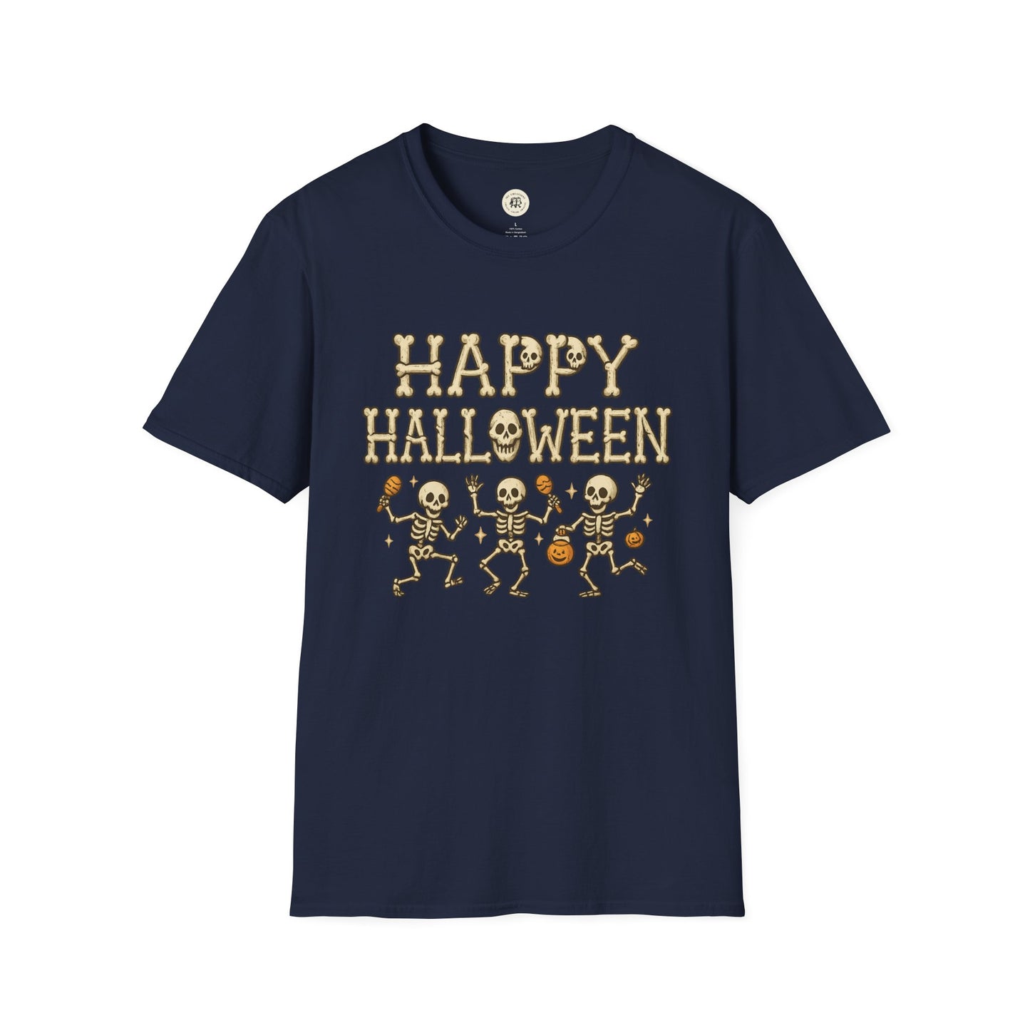 Printify Halloween skeleton shirt navy blue tee with dancing skeletons and Happy Halloween text