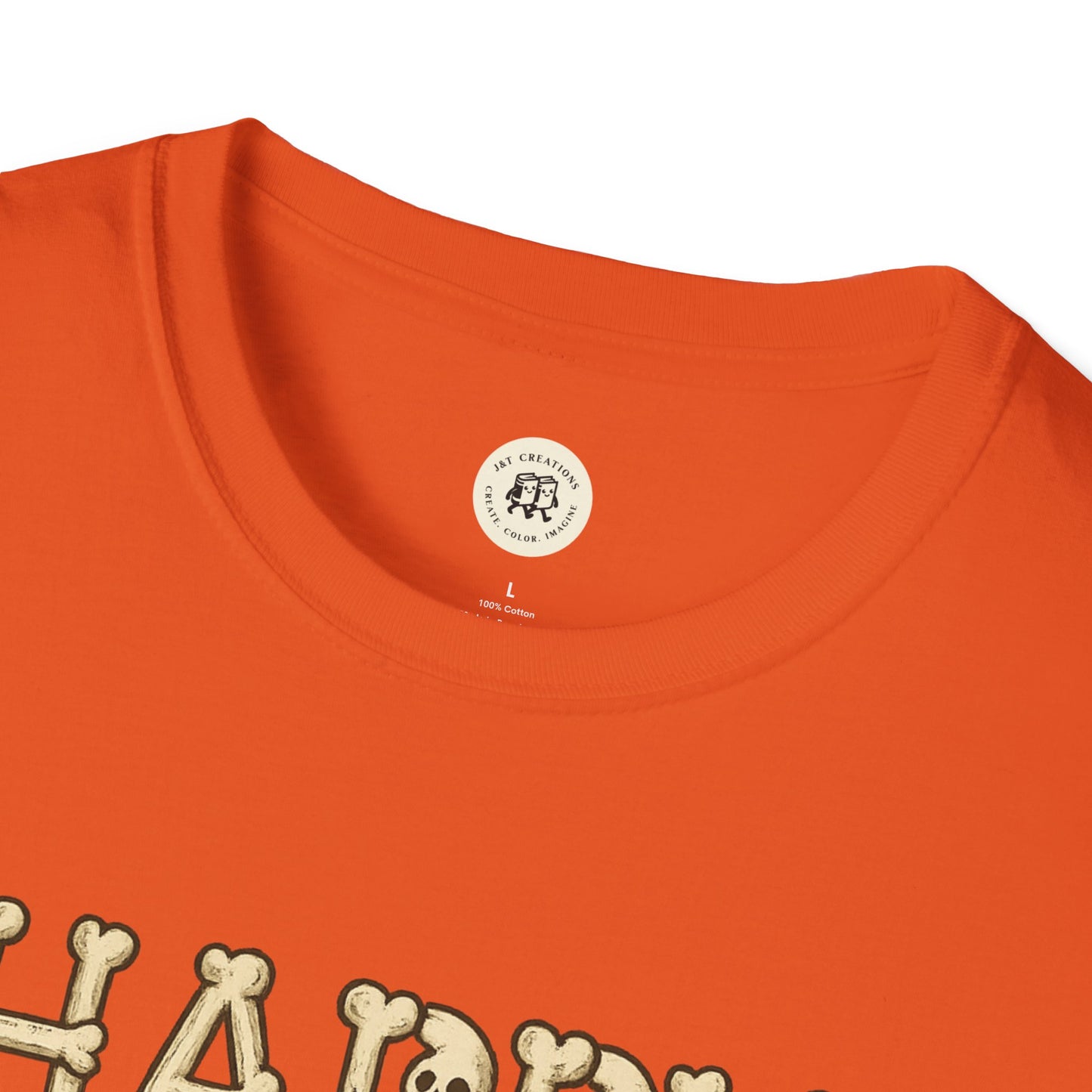Close-up of orange Halloween skeleton shirt collar and neckline by Printify with visible graphic letters