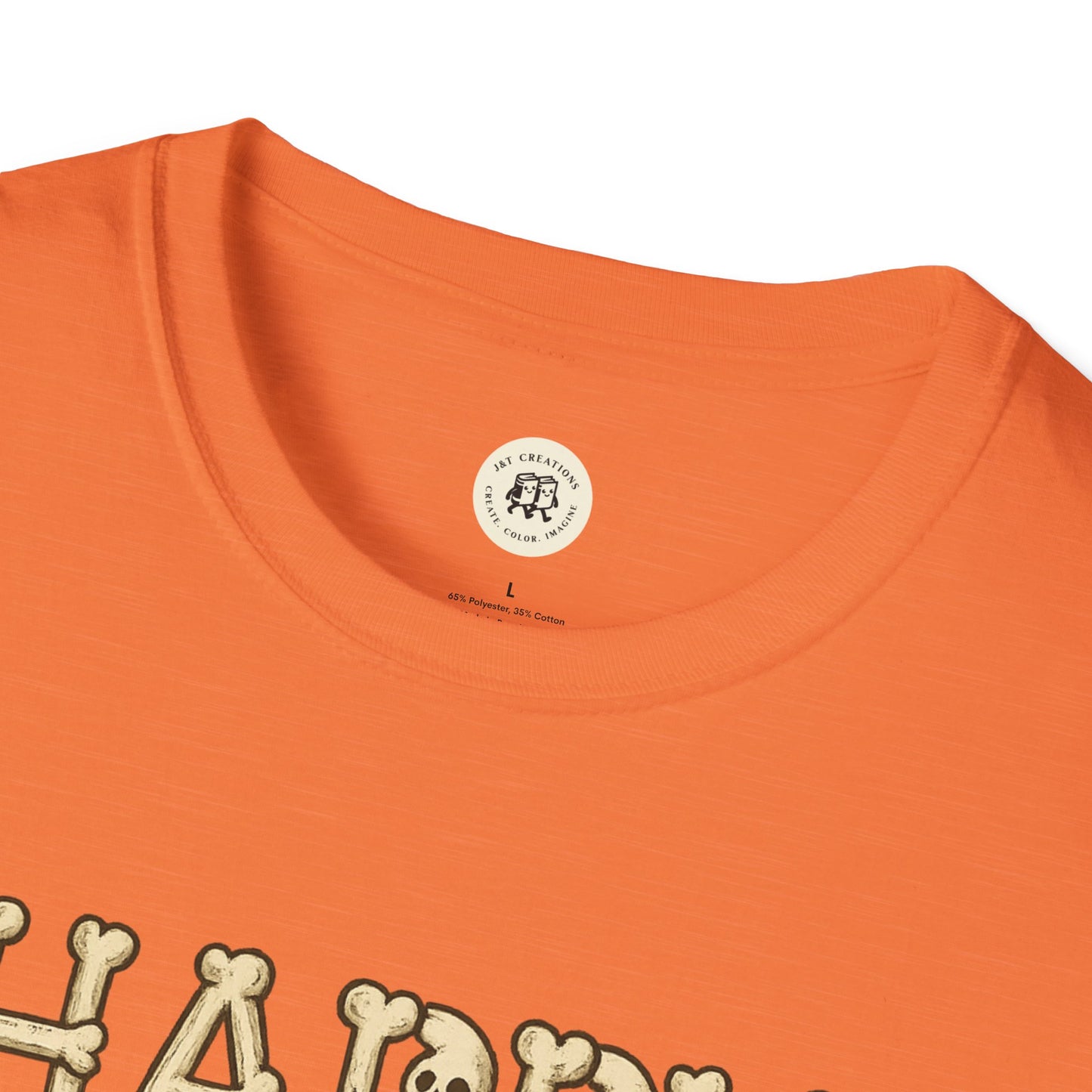 Orange Halloween skeleton shirt by Printify with round neckline and skeleton design details