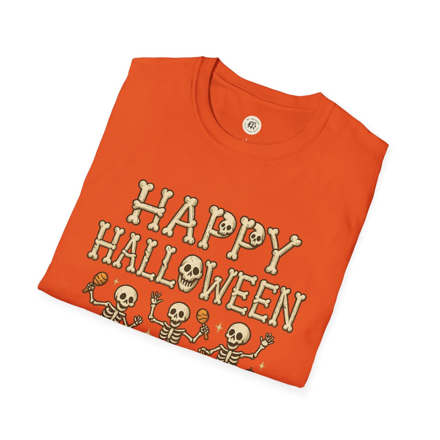 Orange Printify Halloween skeleton shirt with Happy Halloween text and dancing skeletons design