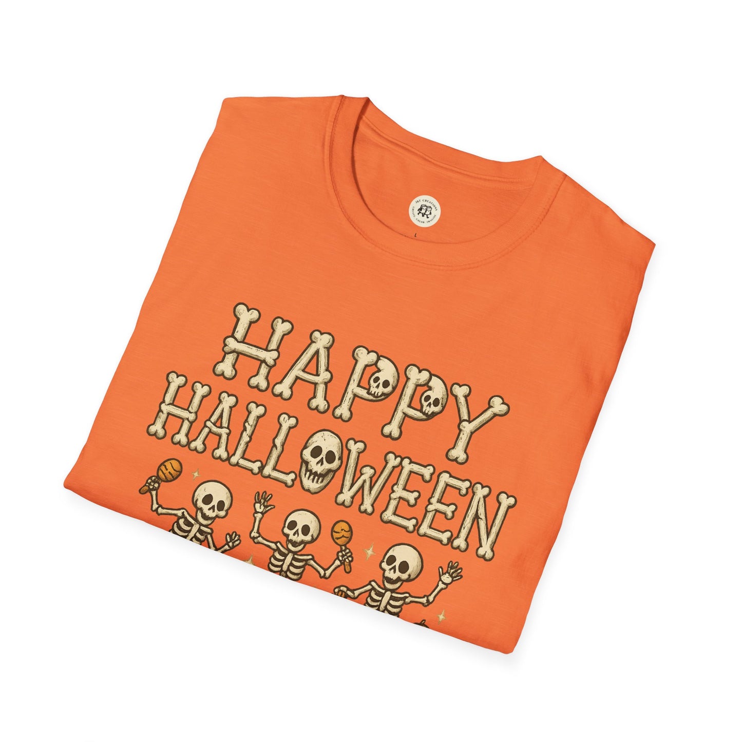 Orange Halloween skeleton shirt with happy Halloween text and dancing skeletons print