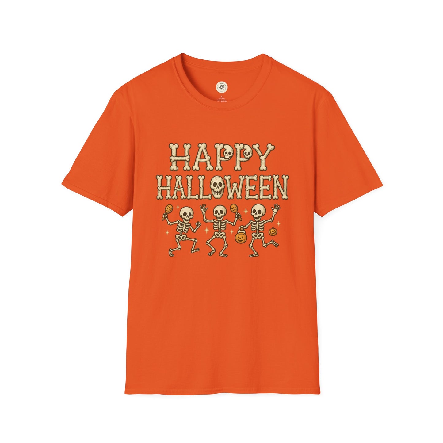 Orange Halloween skeleton shirt with three dancing skeletons and Happy Halloween text