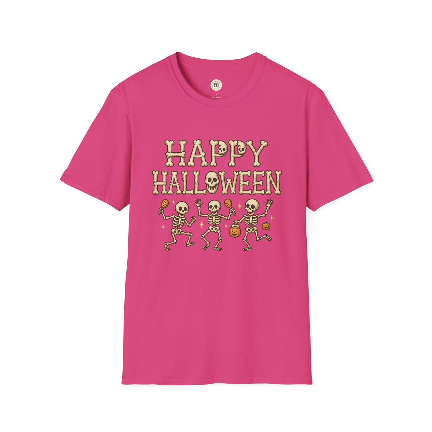 Pink Halloween skeleton shirt with dancing skeletons and Happy Halloween text graphic