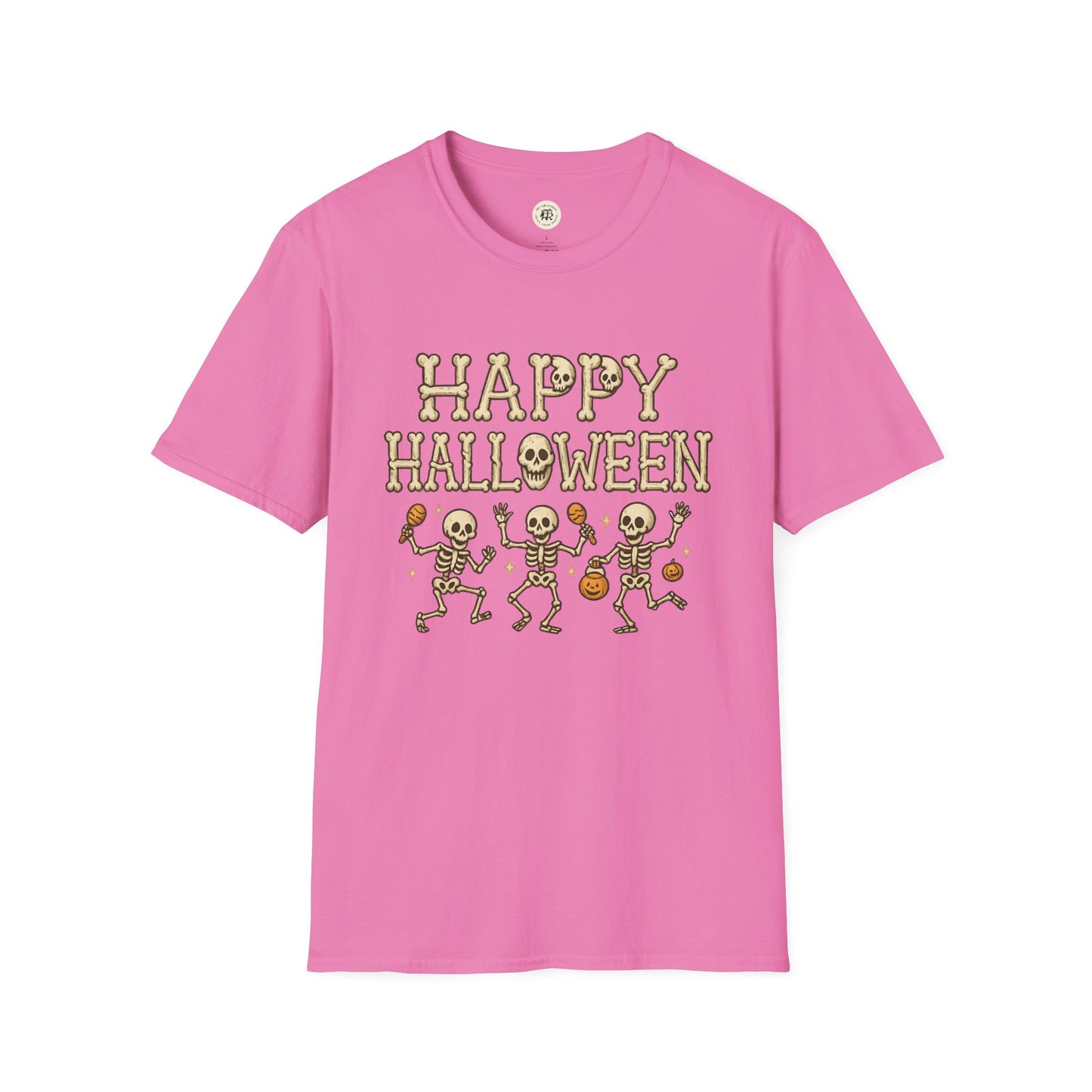 Pink Printify Halloween skeleton shirt with dancing skeletons and Happy Halloween text