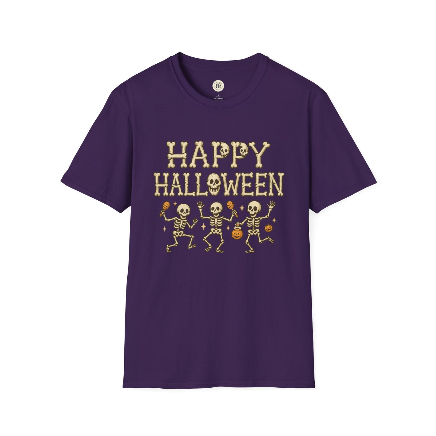 Purple Halloween skeleton shirt with dancing skeletons and Happy Halloween text from Printify