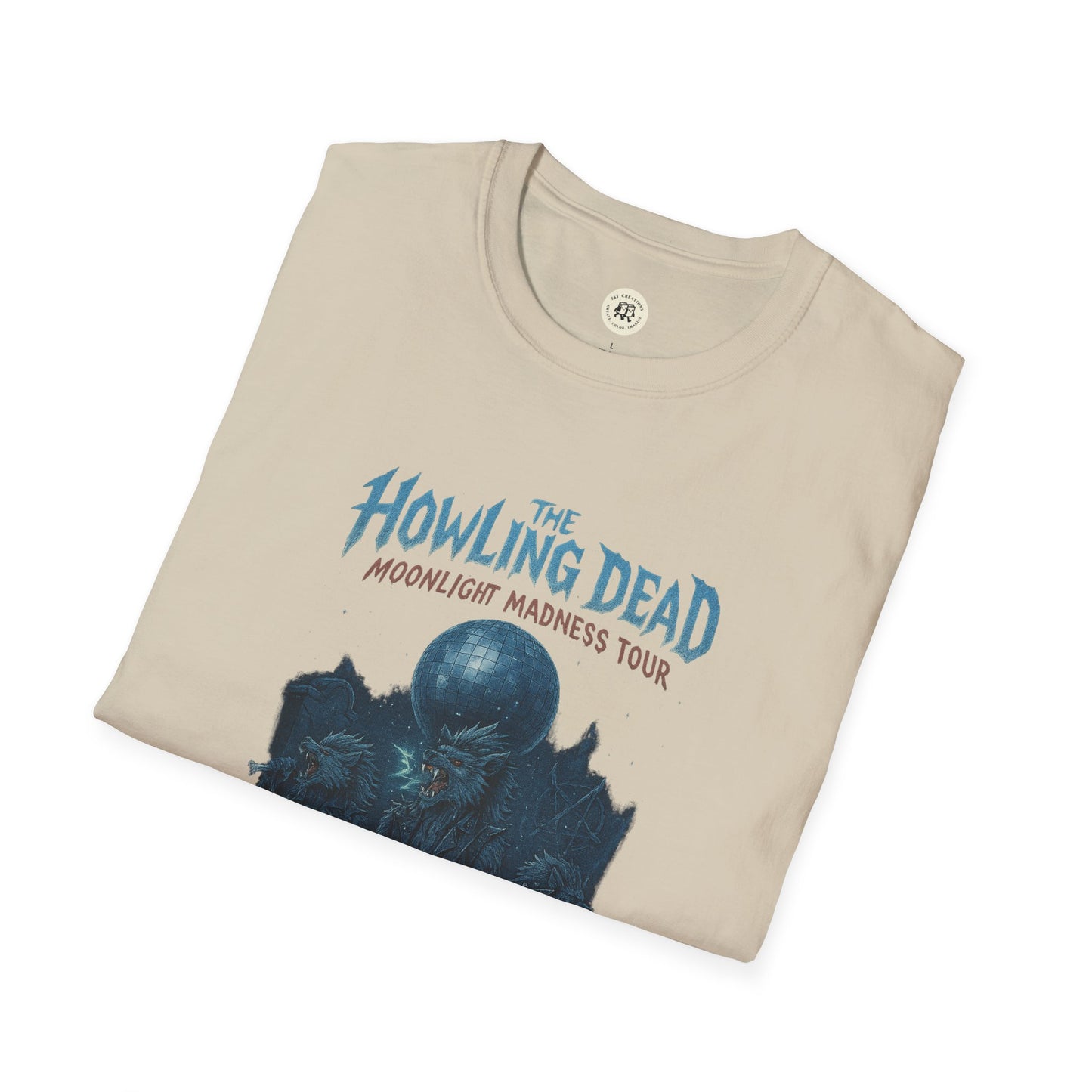 Beige Printify T-shirt featuring a howling dead halloween shirt design with moonlight madness tour graphic