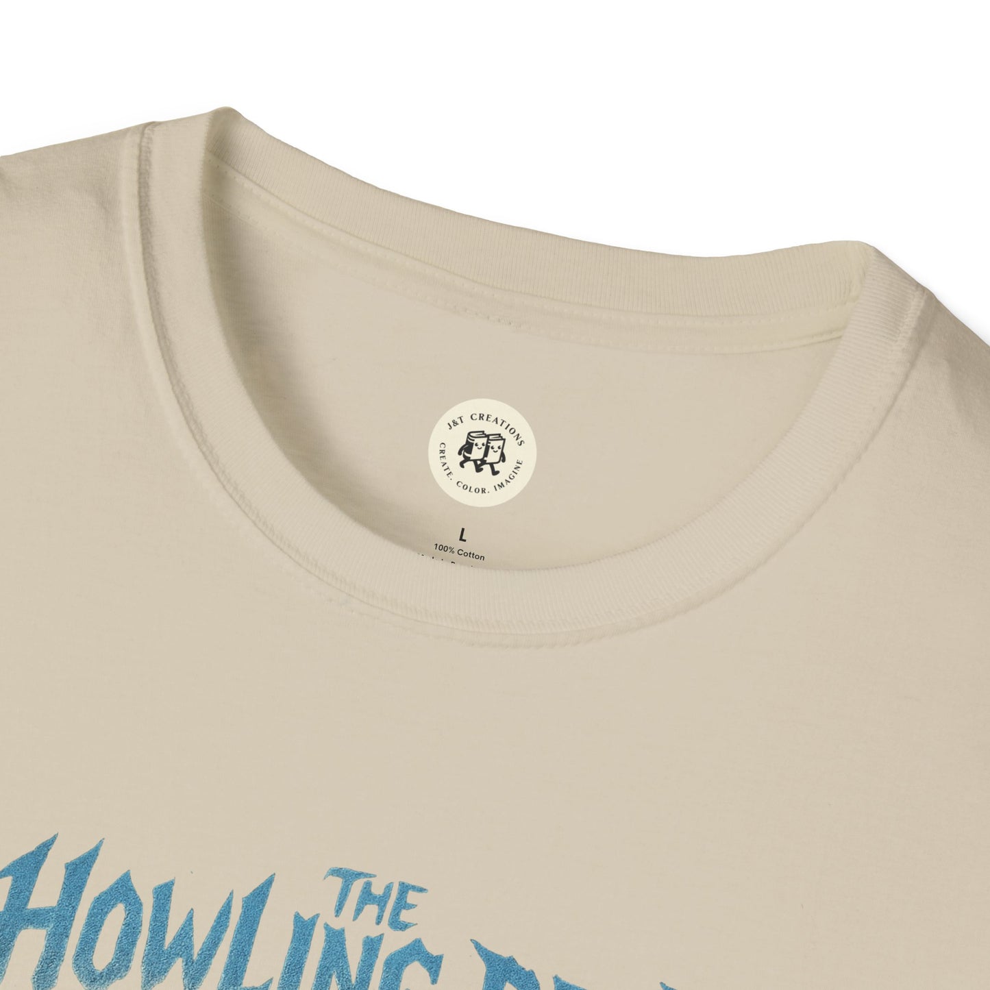 Close-up of a beige Printify T-shirt featuring the text howling dead halloween shirt in blue