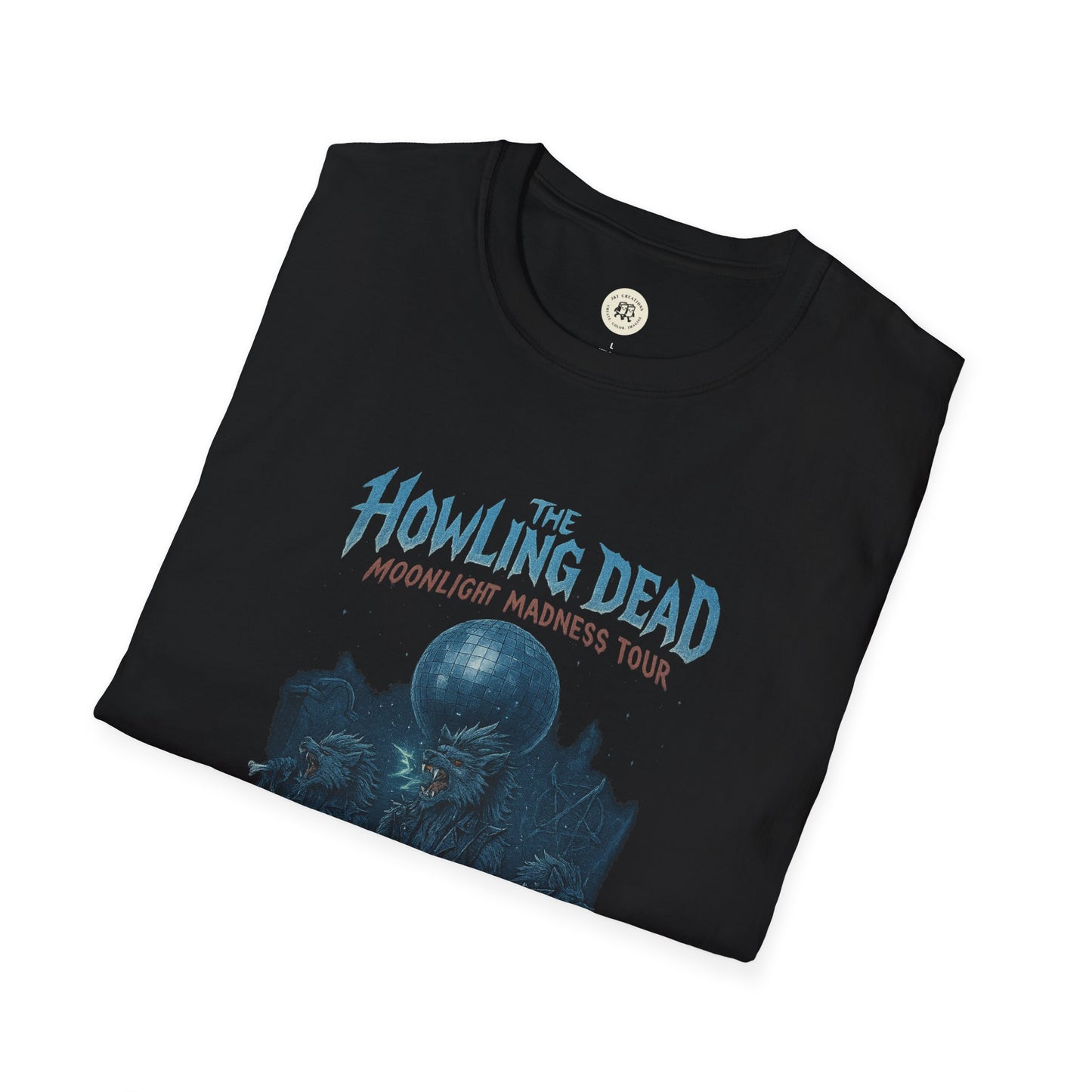 Black Printify howling dead halloween shirt with moonlight madness tour graphic and werewolves design