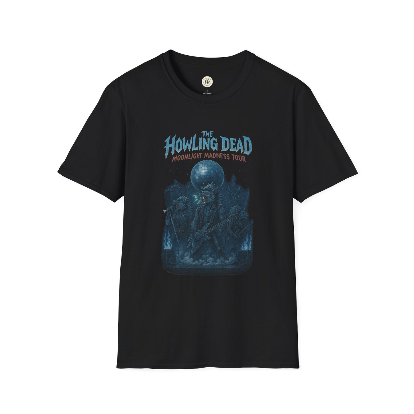 Black howling dead halloween shirt with spooky graphic featuring skeletons and moonlight madness tour text