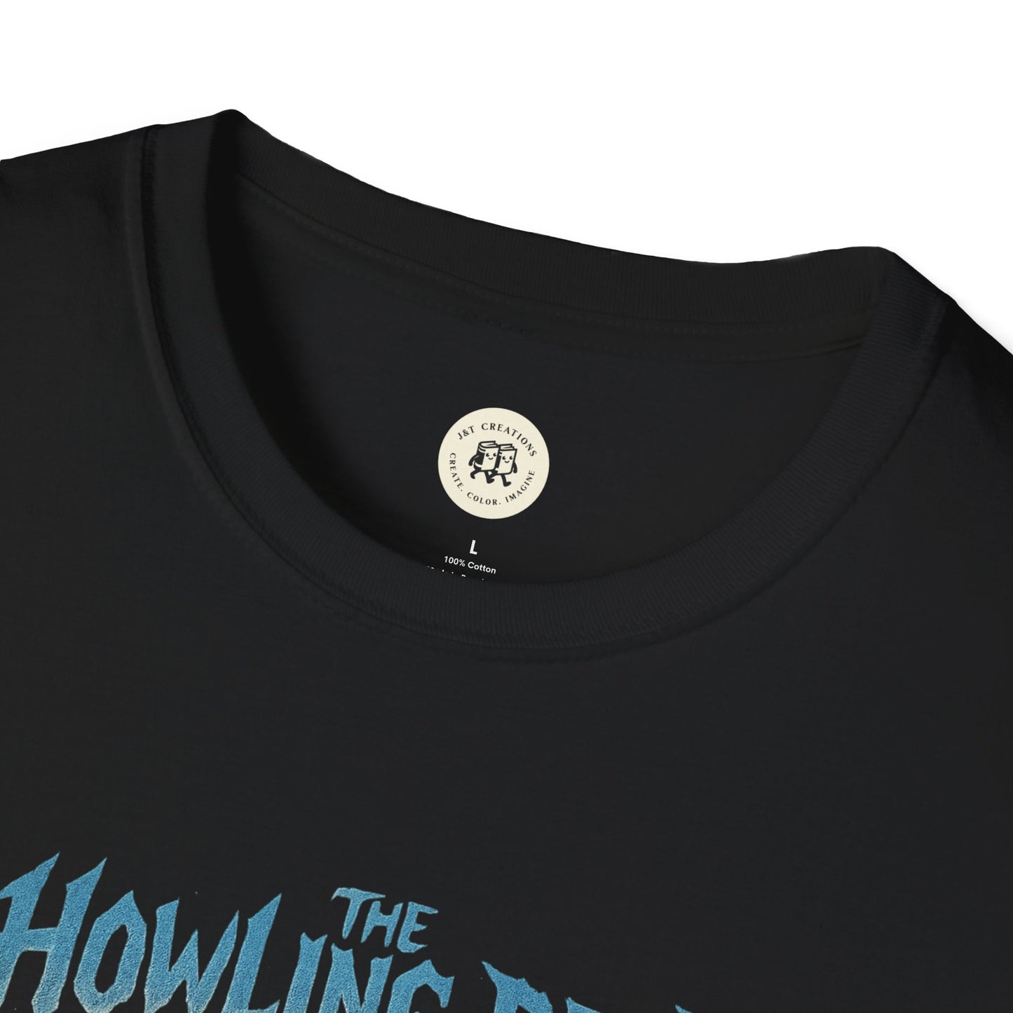 Close-up of black Printify t-shirt with howling dead halloween shirt blue graphic text design