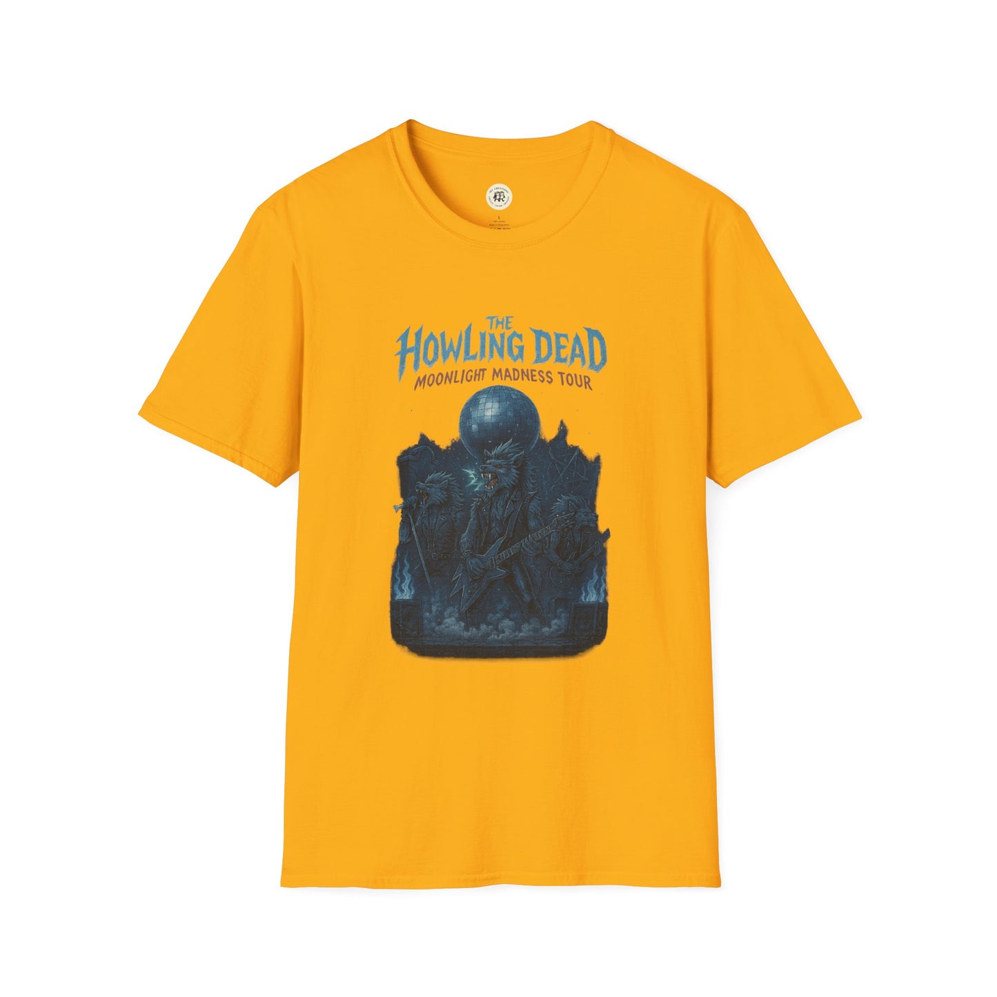 Yellow Printify t-shirt featuring a blue graphic with The Howling Dead moonlight madness tour design howling dead halloween shirt