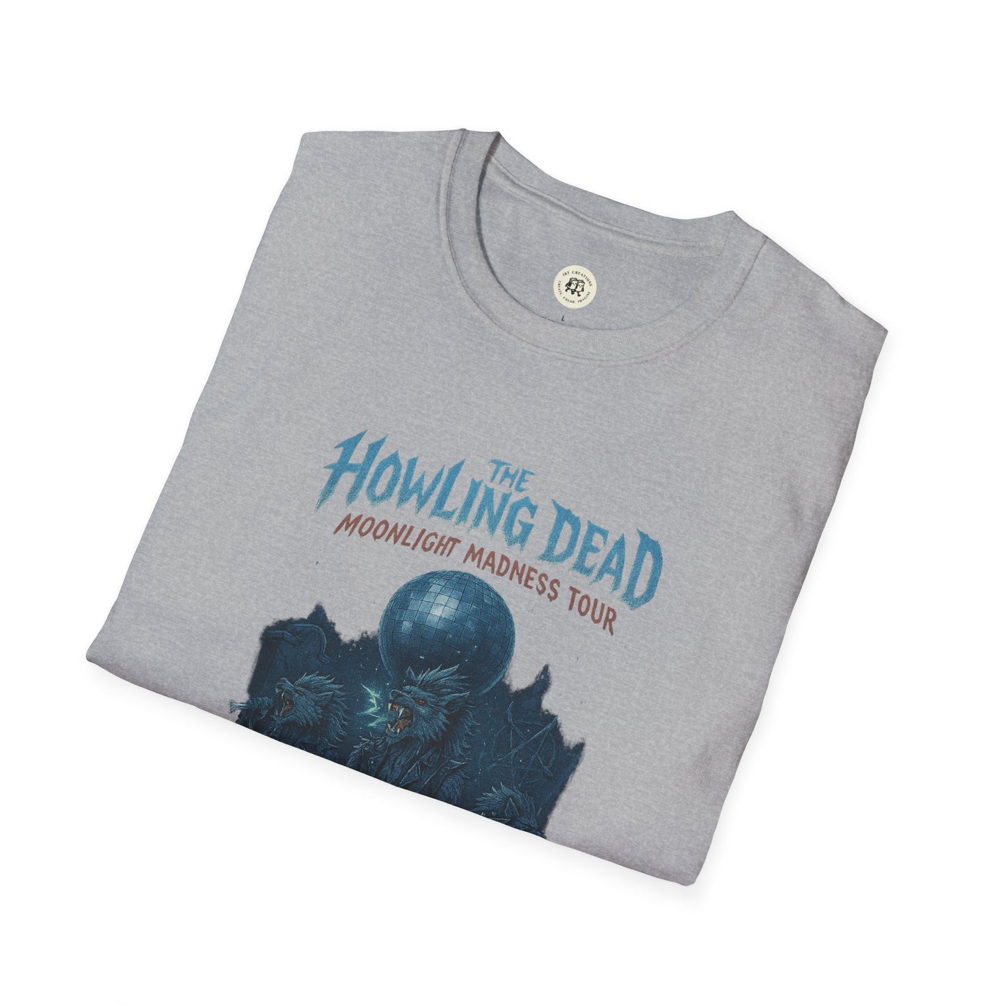 Gray Printify t-shirt featuring a howling dead halloween shirt design with moonlight madness tour graphic