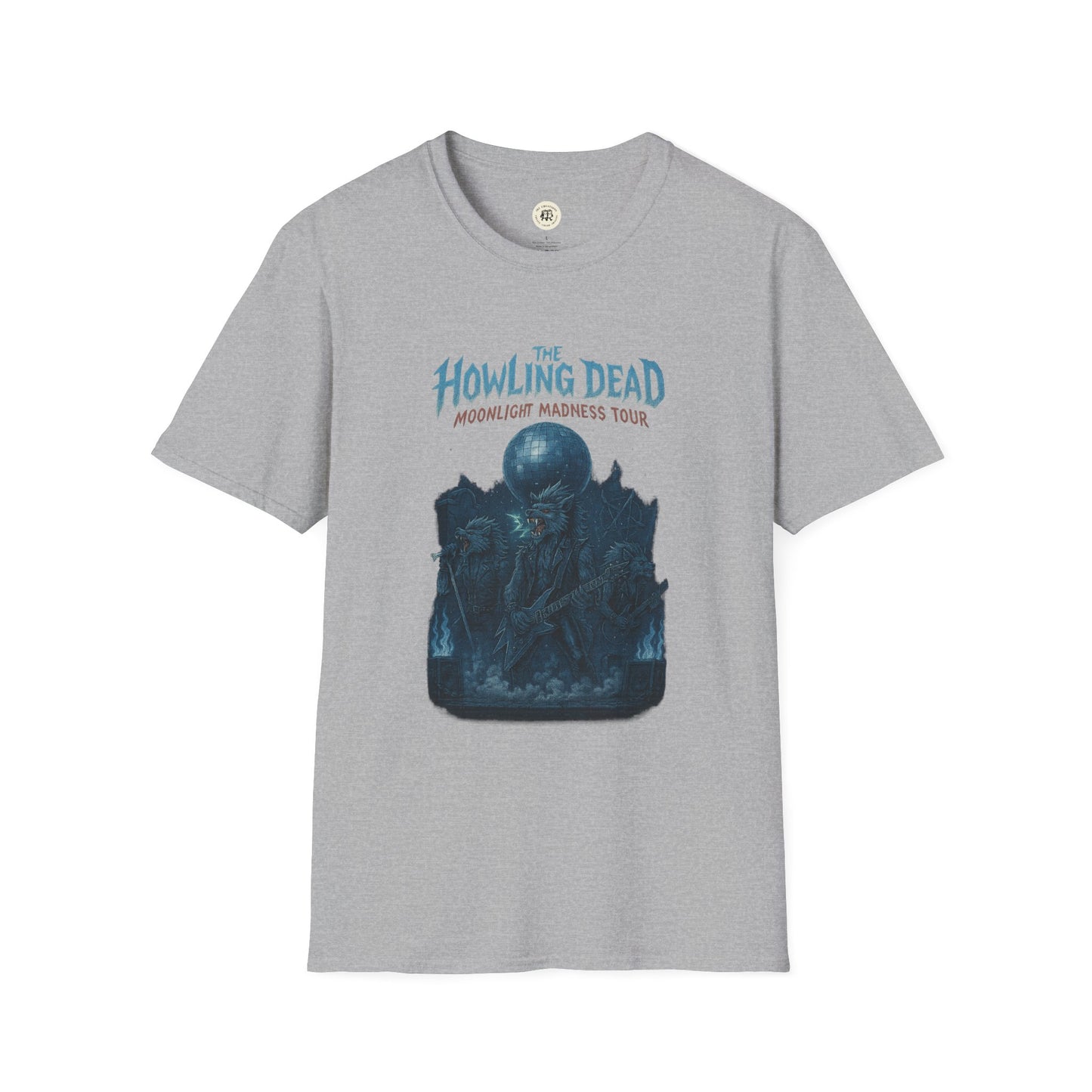 Gray Printify T-shirt featuring a howling dead halloween shirt design with moonlight madness tour graphic