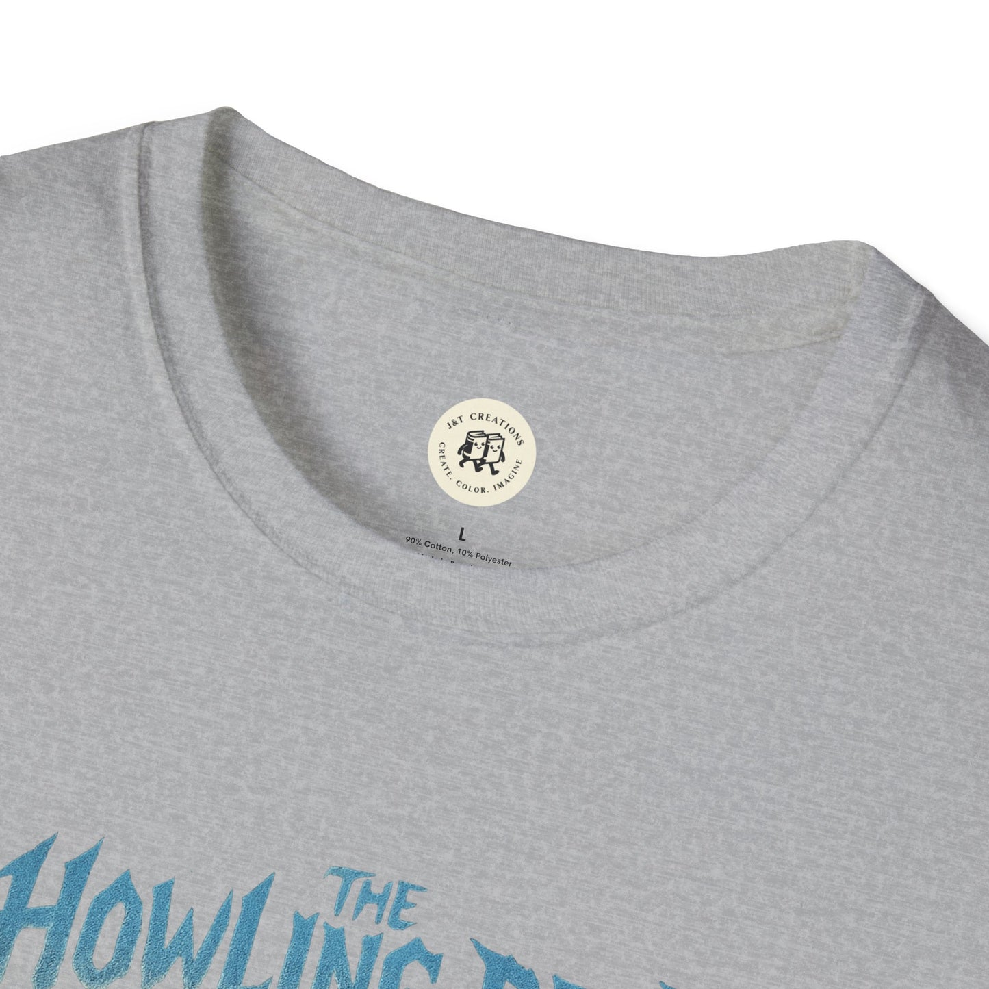 Close-up of gray Printify t-shirt neck and partial blue text of howling dead halloween shirt design
