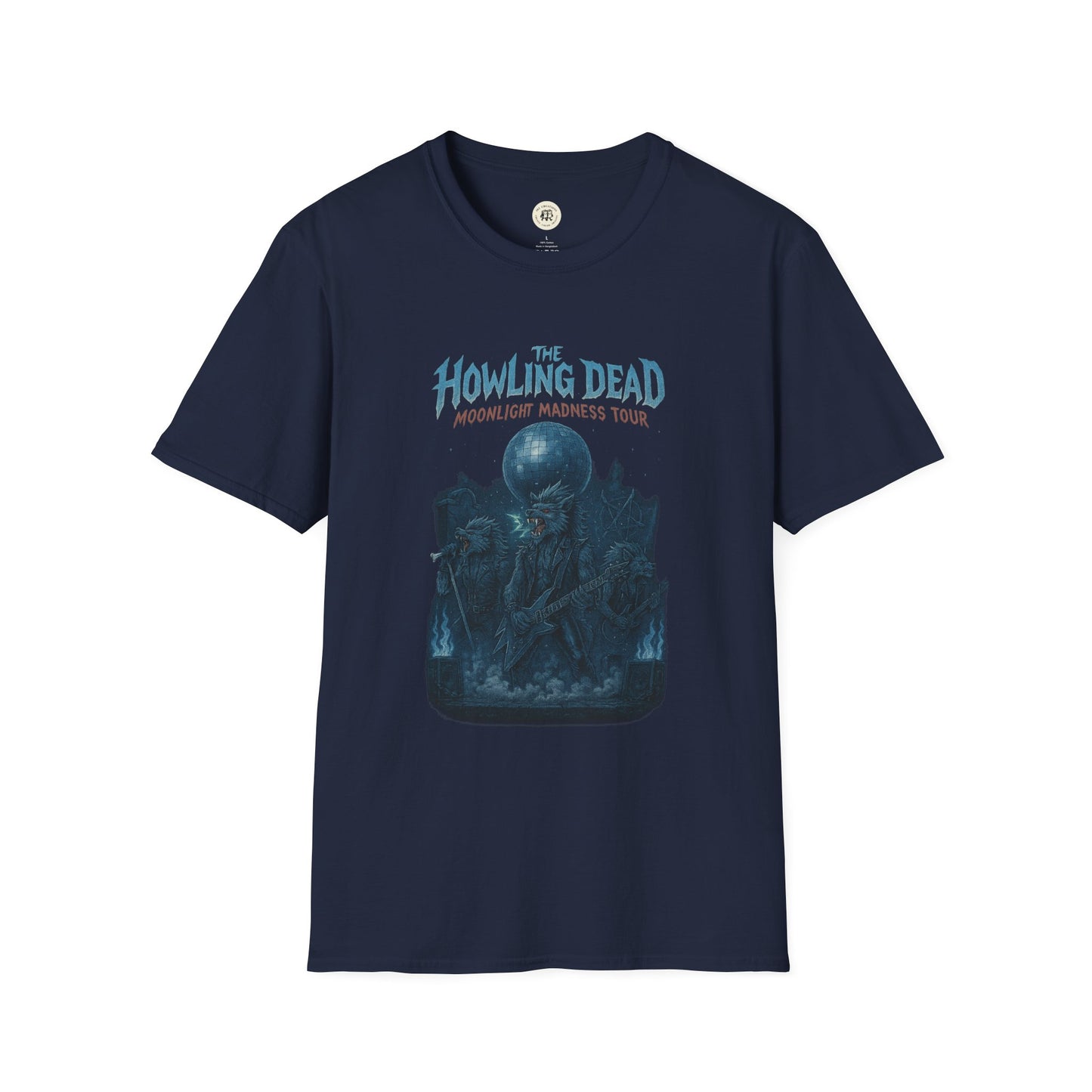 Printify howling dead halloween shirt navy blue with spooky skeleton band and moonlight madness tour graphic