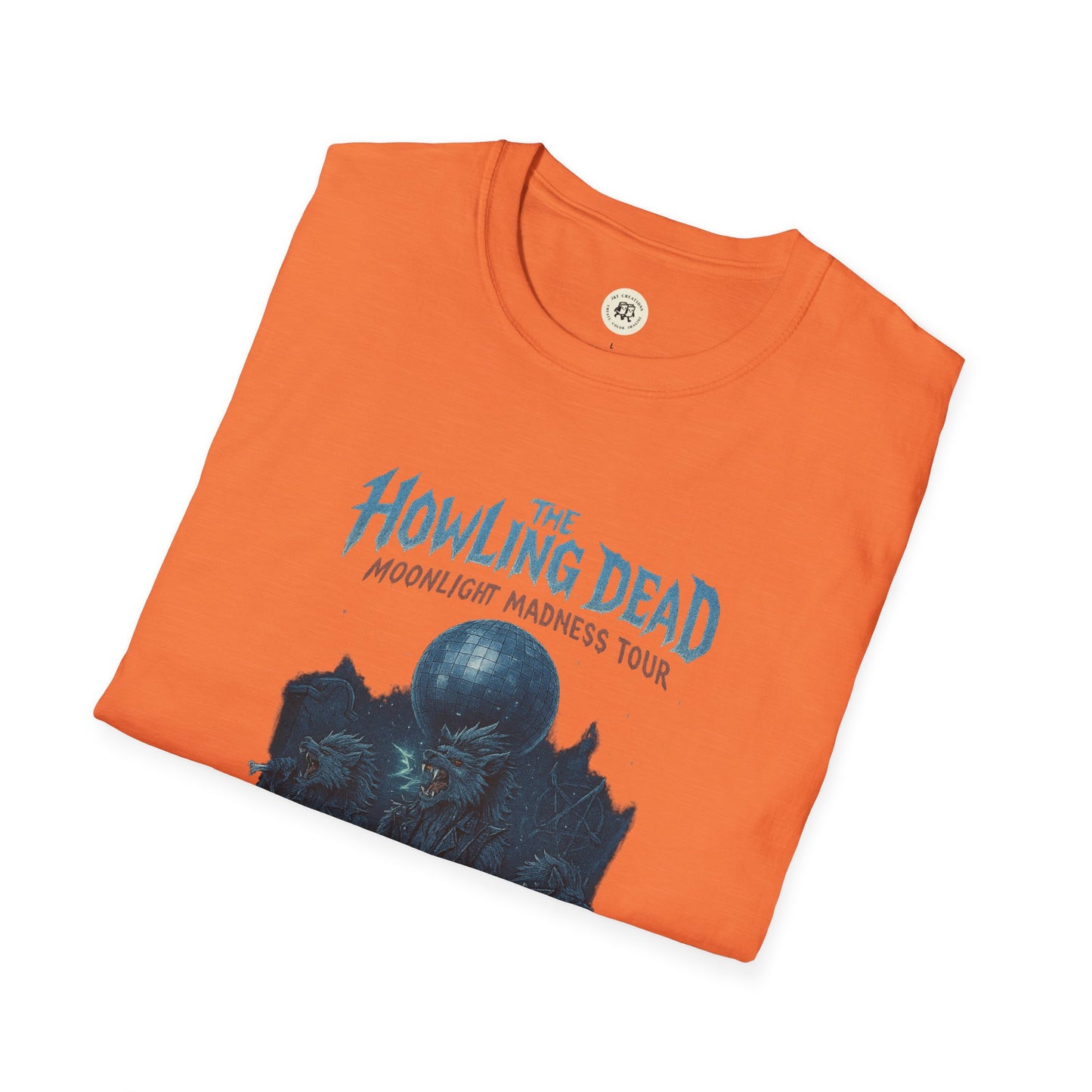 Orange howling dead halloween shirt with moonlight madness tour graphic printed on front by Printify