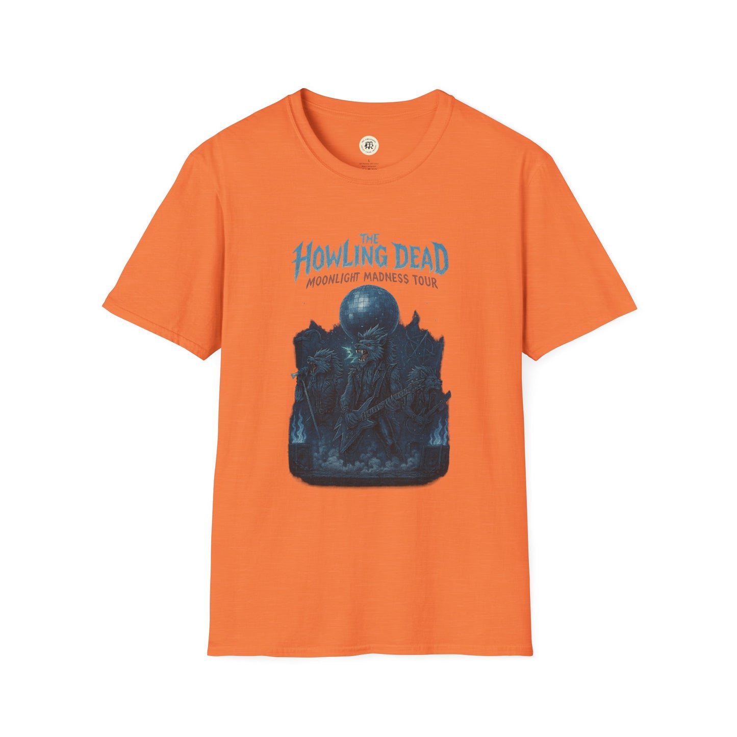 Orange Printify t-shirt featuring a howling dead halloween shirt design with moonlight madness tour graphic