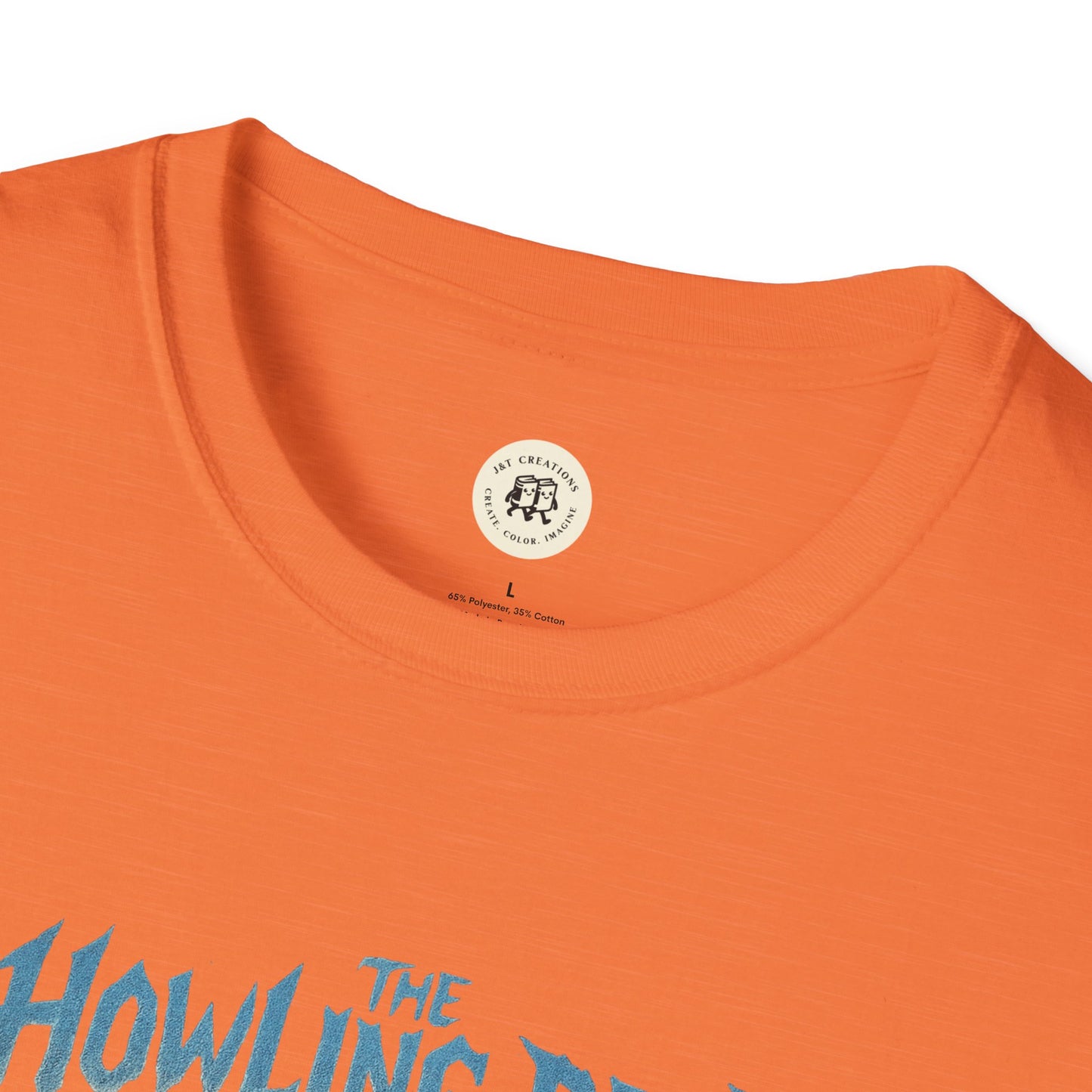 Orange Printify howling dead halloween shirt with blue printed text on soft cotton fabric