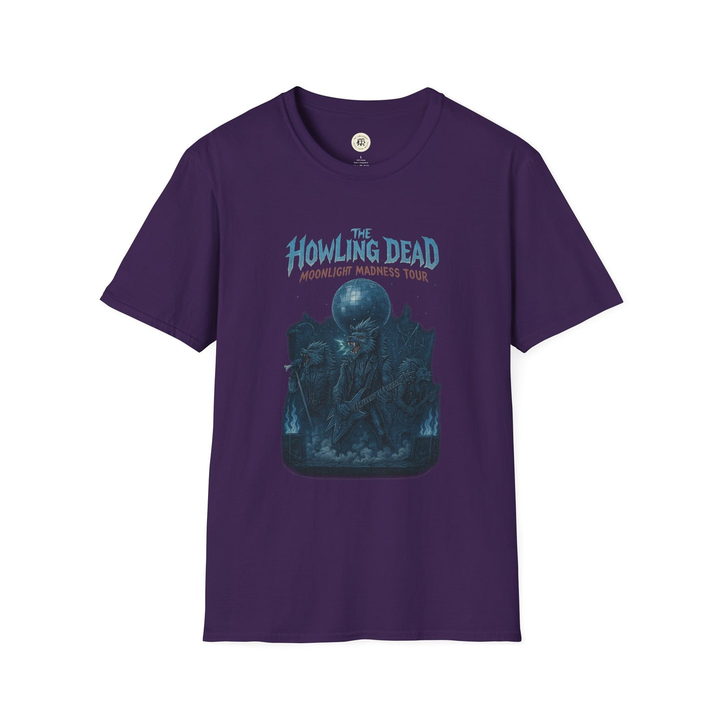 Purple Printify t-shirt featuring a howling dead halloween shirt design with skeletons and moonlight