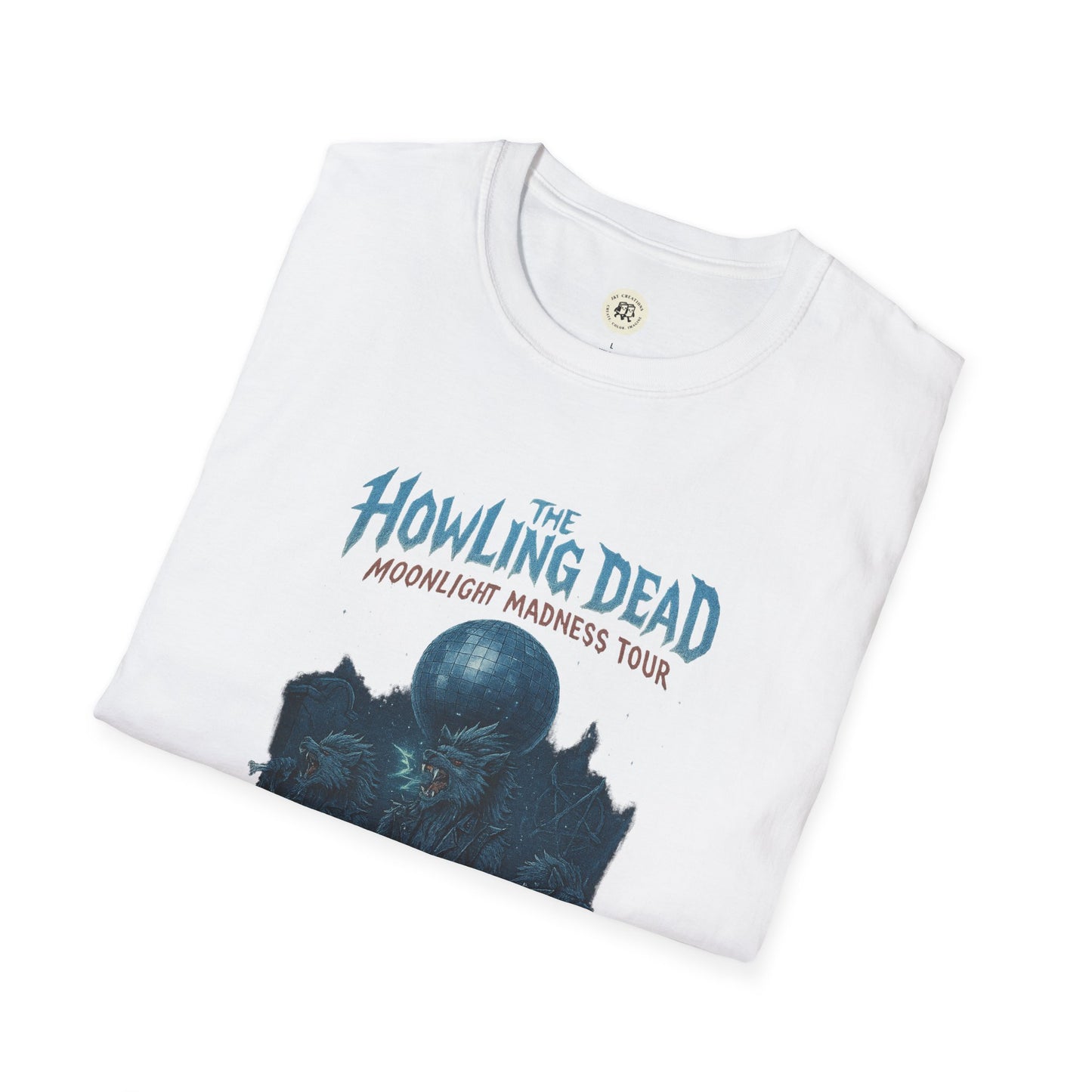 White howling dead halloween shirt with moonlight madness tour graphic on chest by Printify