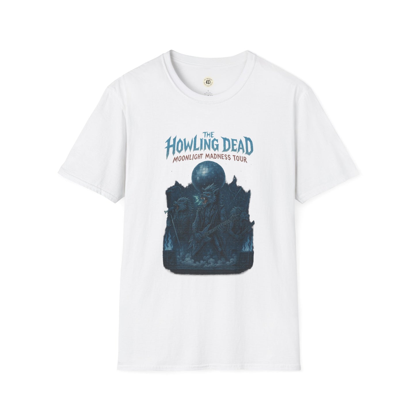 White Printify t-shirt featuring The Howling Dead Moonlight Madness Tour graphic for howling dead halloween shirt