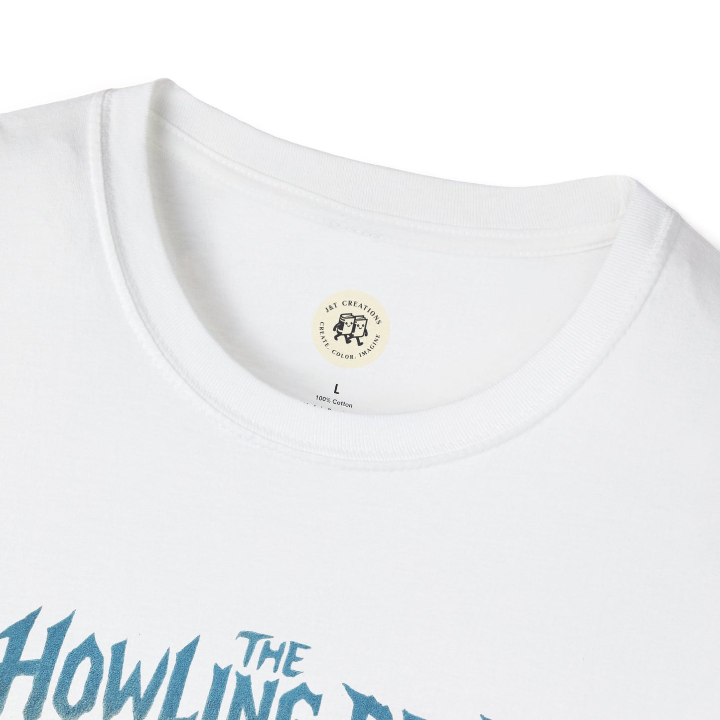 Close-up of white howling dead halloween shirt by Printify showing neckline and partial design