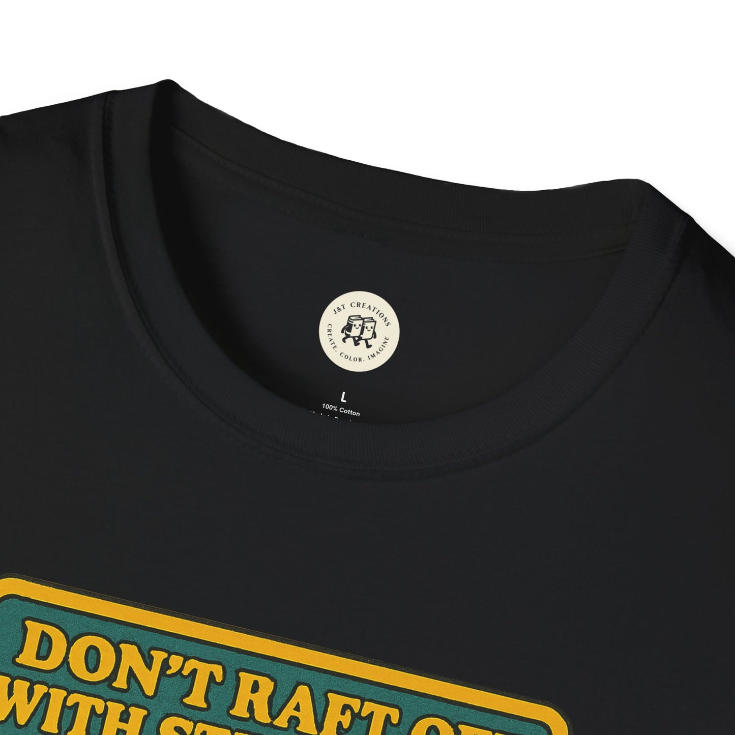 Black Huck Finn safety t-shirt by Printify with yellow and green safety message graphic