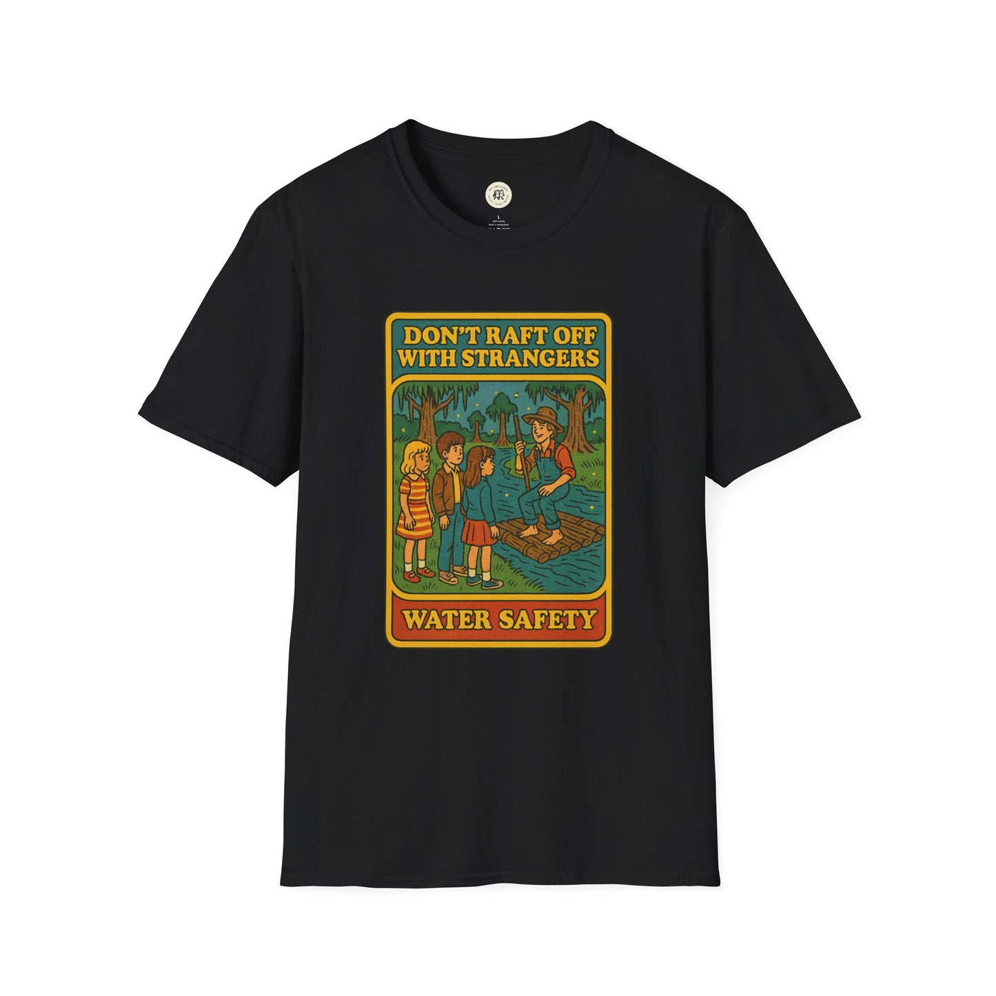 Black Huck Finn safety t-shirt with water safety graphic and text about rafting off with strangers