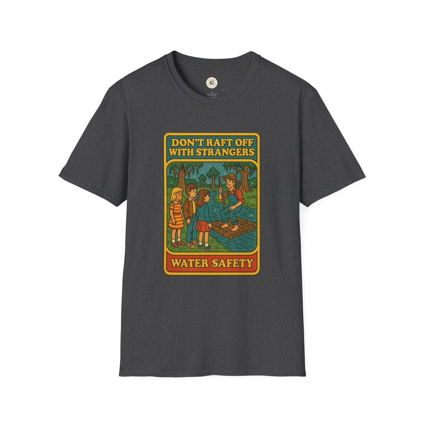 Printify Huck Finn safety t-shirt with vintage water safety design and raft off warning