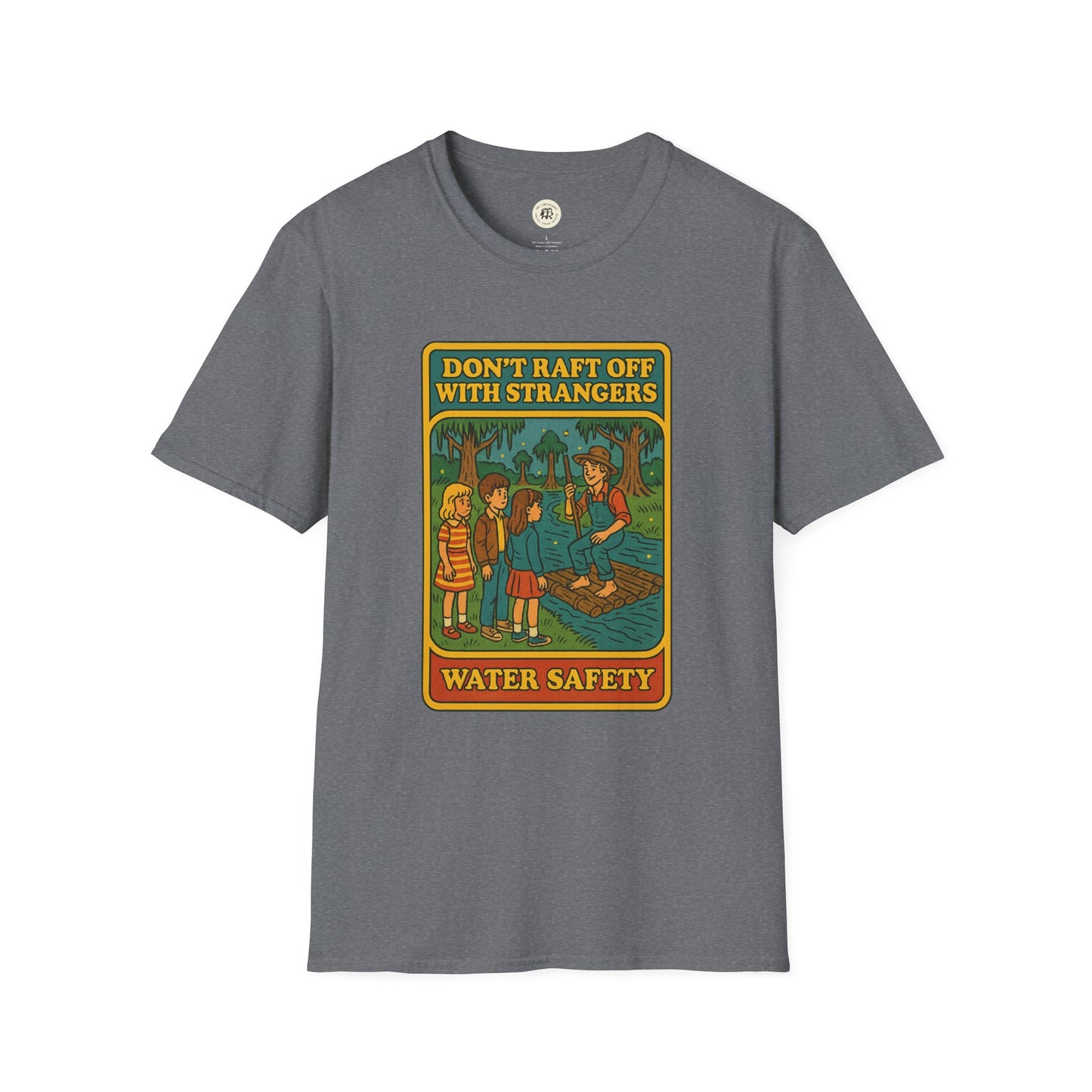 Gray Huck Finn safety t-shirt with vintage water safety print warning against rafting off with strangers