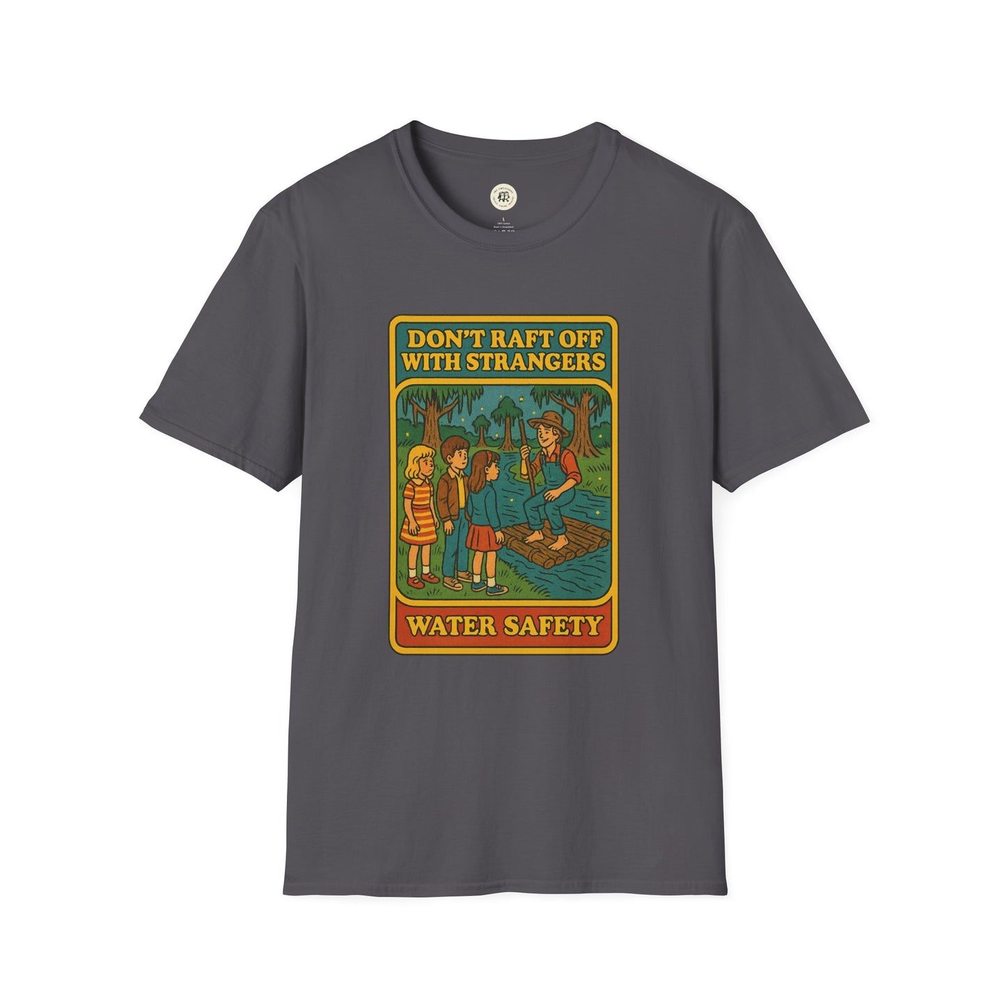 Printify Huck Finn safety t-shirt in gray with vintage water safety design and rafting warning