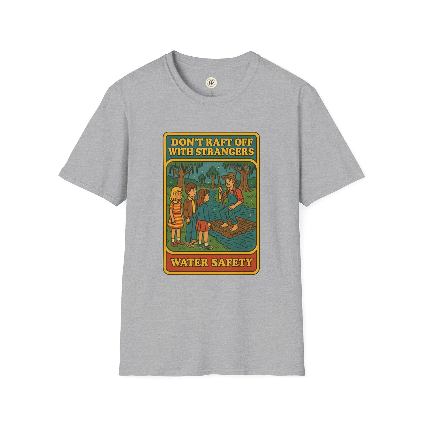 Gray Huck Finn safety t-shirt with water safety graphic and message about not rafting off with strangers