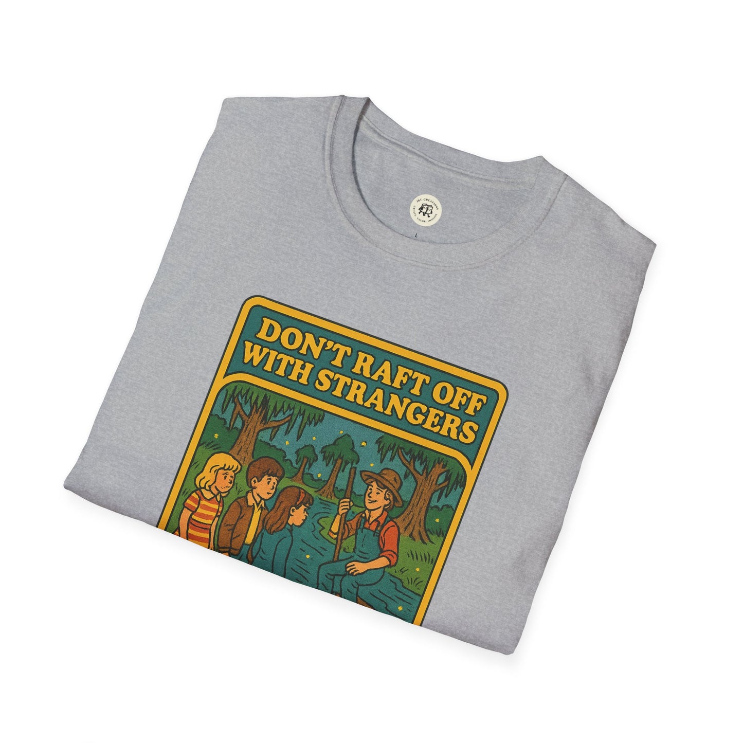 Gray Huck Finn safety t-shirt with vintage style Don't Raft Off With Strangers graphic print
