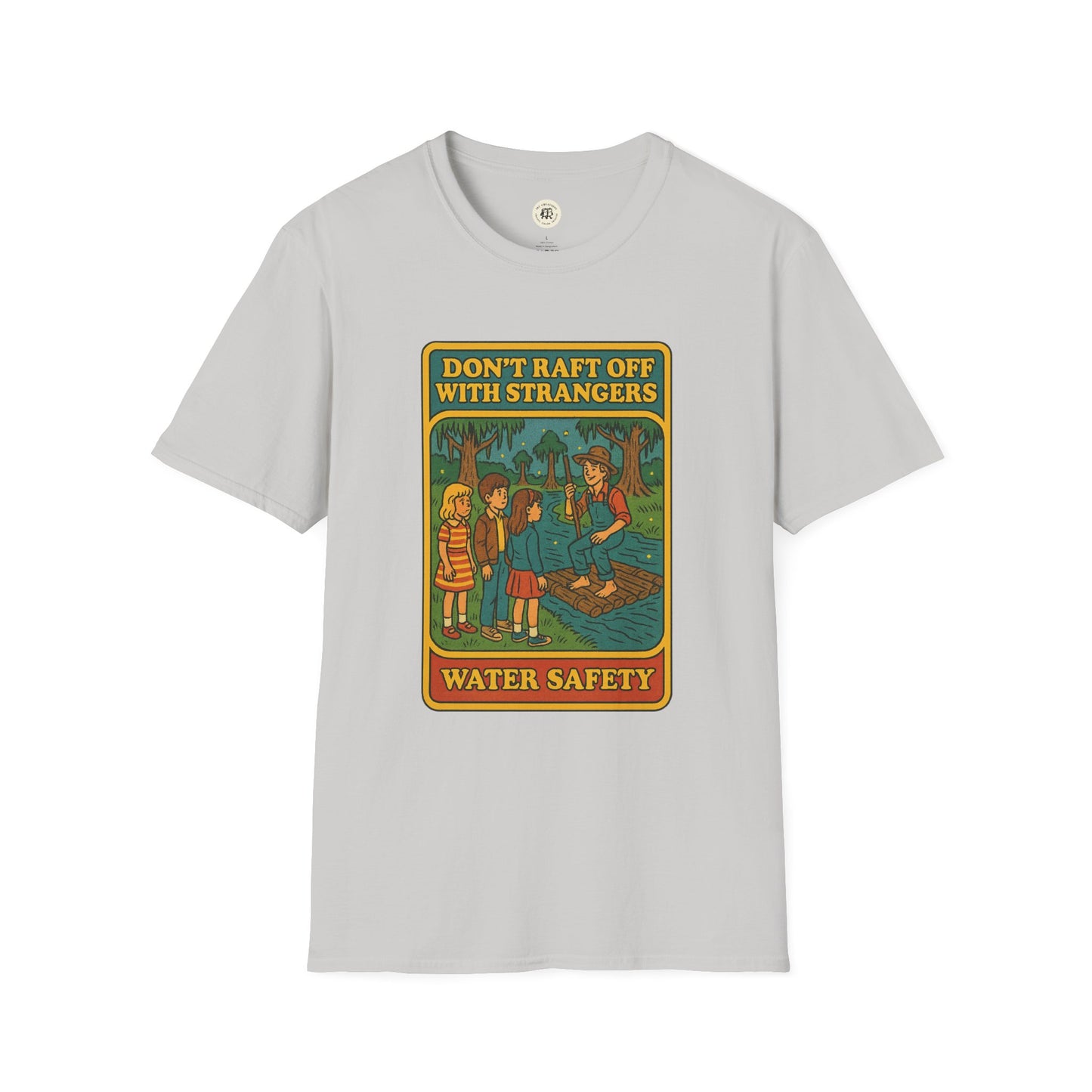 Gray Huck Finn safety t-shirt featuring vintage water safety graphic with kids and raft