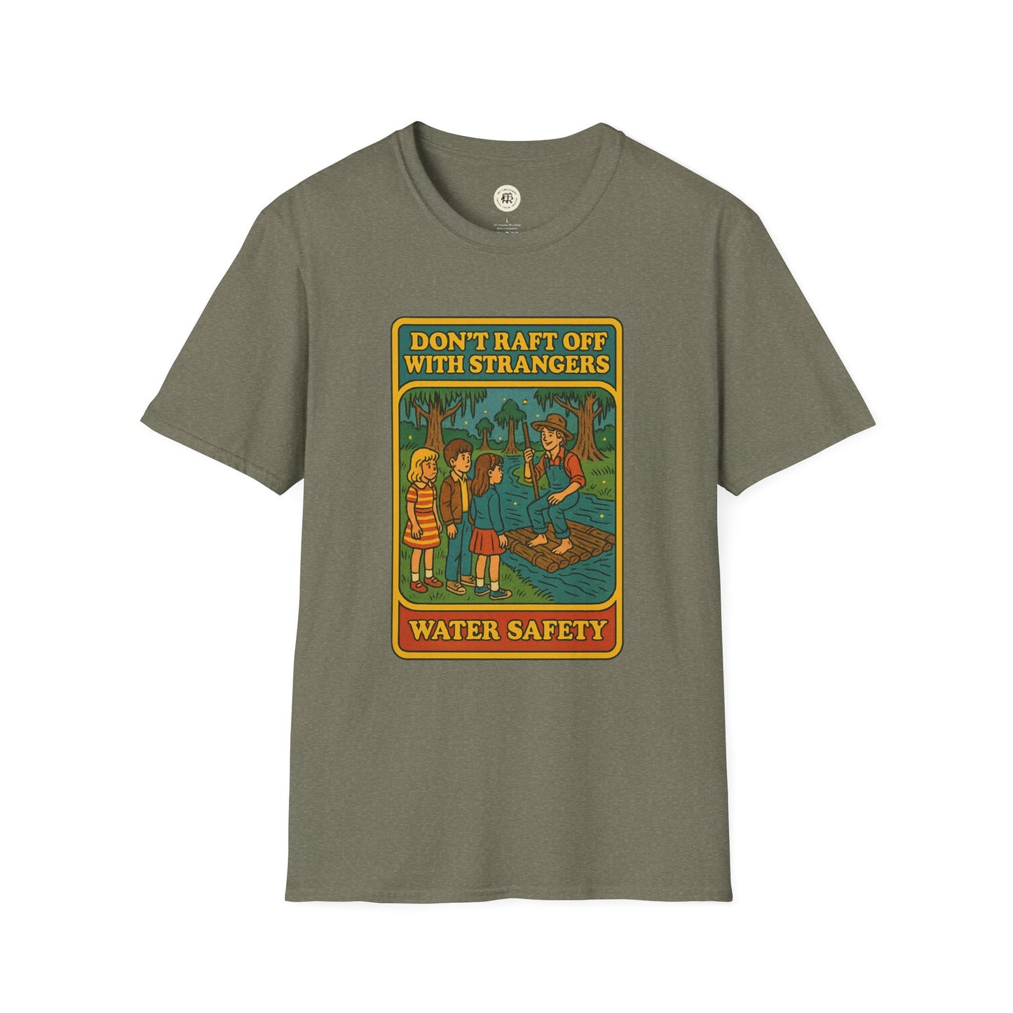 Printify Huck Finn safety t-shirt with water safety graphic and Dont raft off with strangers text