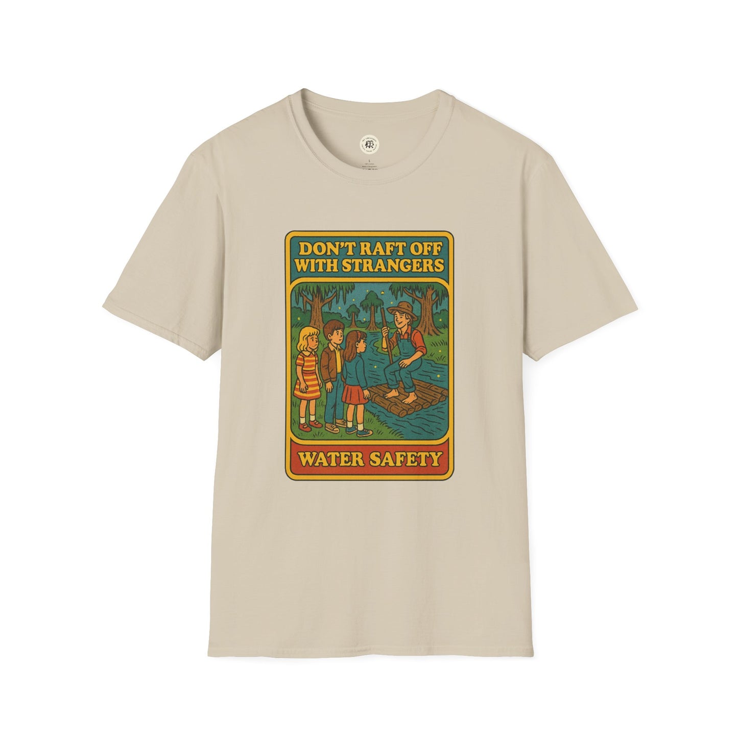 Beige Huck Finn safety t-shirt from Printify featuring vintage water safety graphic and warning text