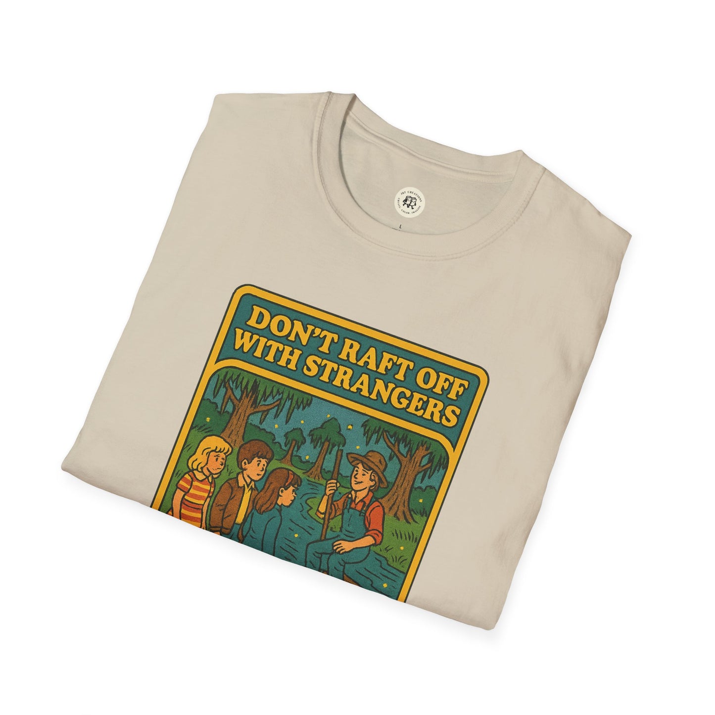 Printify Huck Finn safety t-shirt with Dont Raft Off With Strangers vintage design on beige fabric