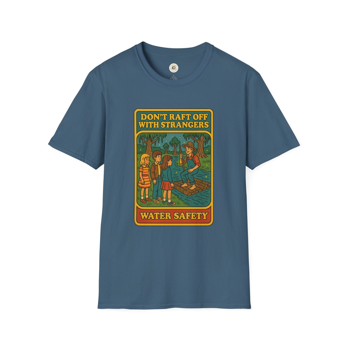 Printify Huck Finn safety t-shirt in blue with vintage water safety graphic and warning text