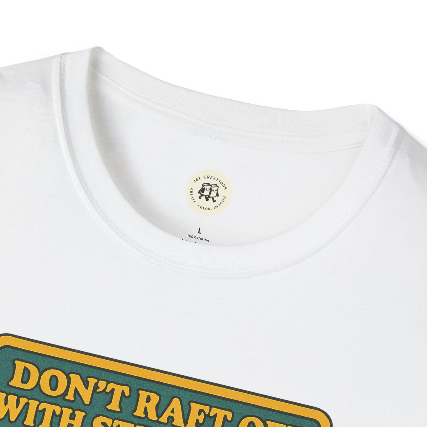 Close-up of Printify Huck Finn safety t-shirt white crew neck collar with graphic text design