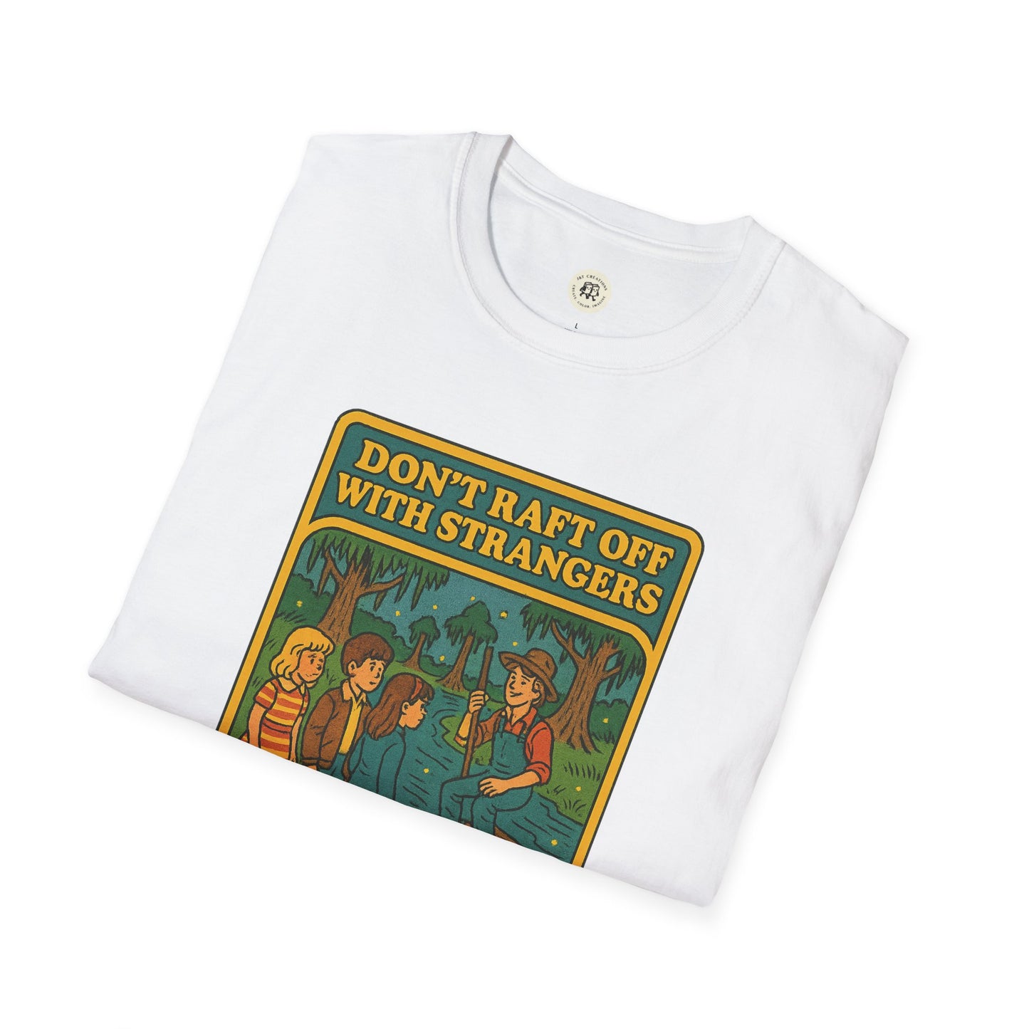 White Huck Finn safety t-shirt with vintage-style print featuring children and safety message
