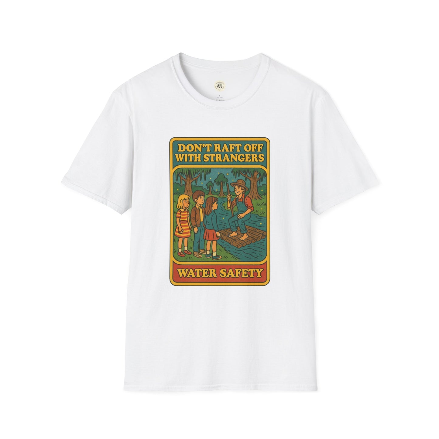 White Printify Huck Finn safety t-shirt with vintage water safety graphic and message