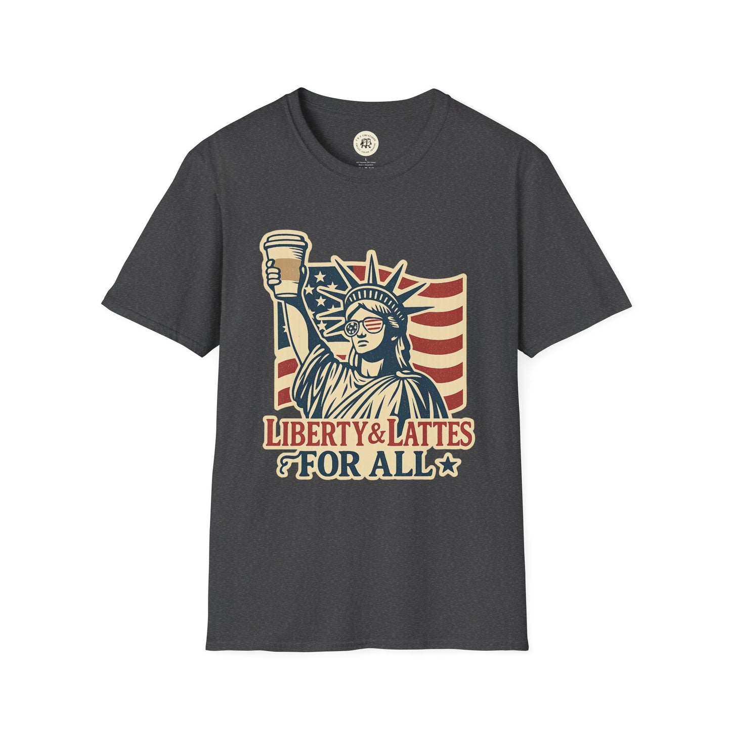 Printify dark gray T-shirt featuring Statue of Liberty holding coffee with flag design Independence Day coffee shirt