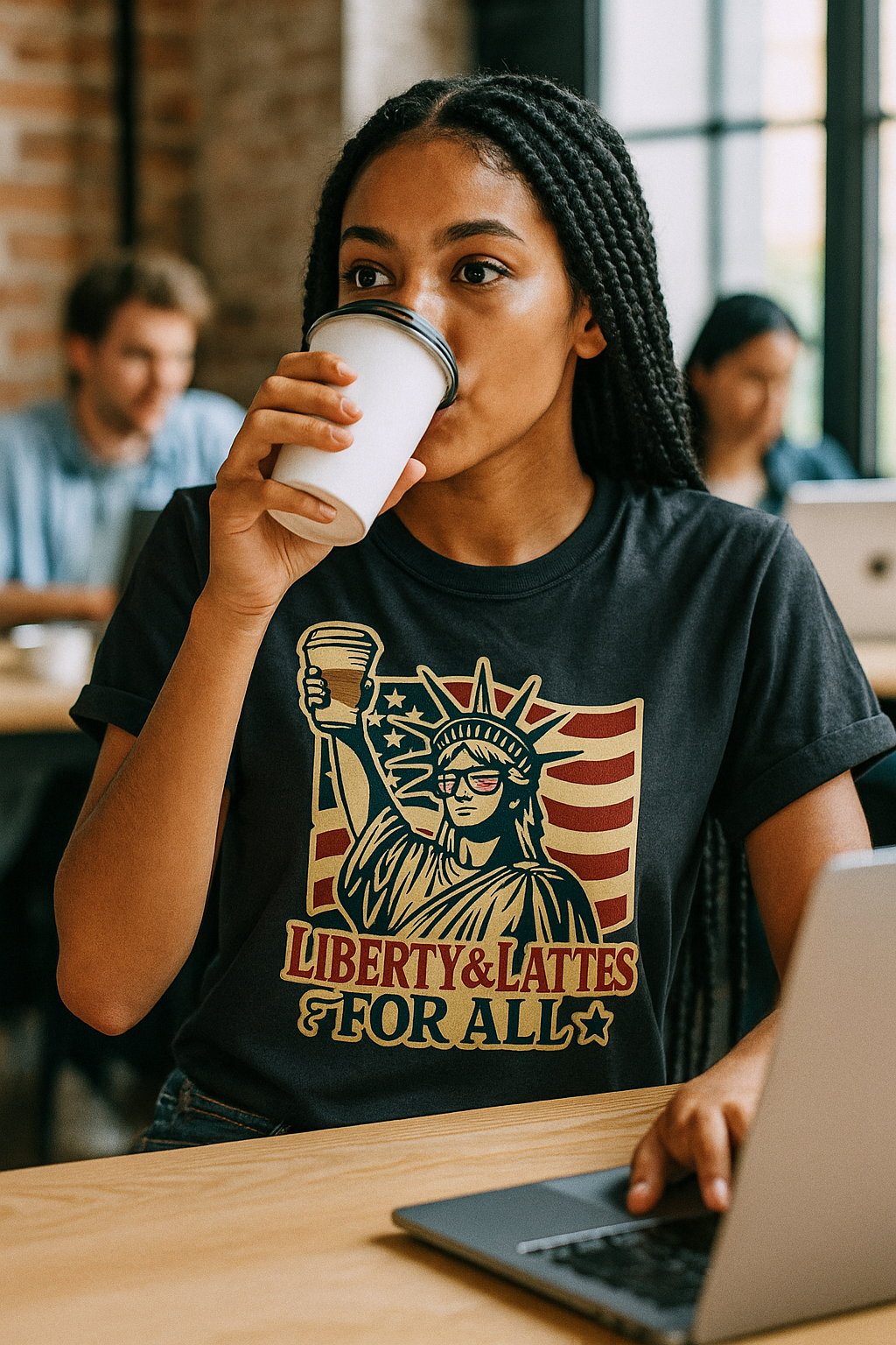 Printify Independence Day coffee shirt with Statue of Liberty and patriotic design worn by woman drinking coffee