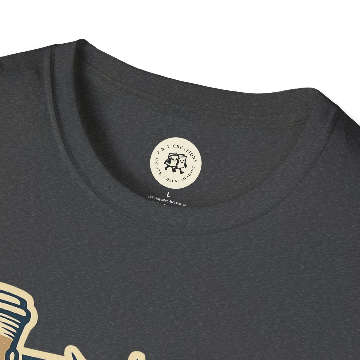 Close-up of dark gray Printify T-Shirt collar featuring Independence Day coffee shirt design