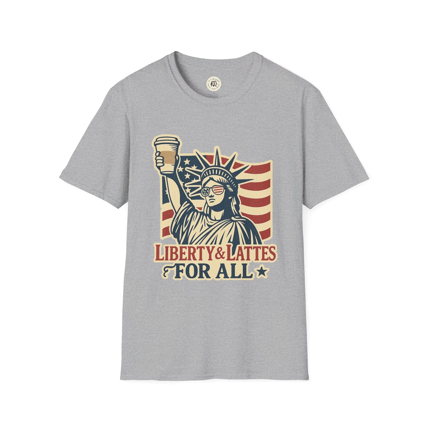 Gray T-shirt with Statue of Liberty holding a coffee cup and American flag background Independence Day coffee shirt